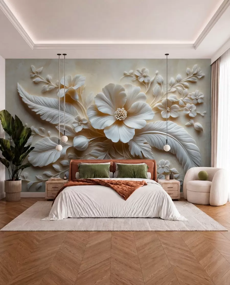 Fotobehang 3D-reliëfmuurkunst met veren en bloemen, met een grote klaproos in beige kleuren w01340