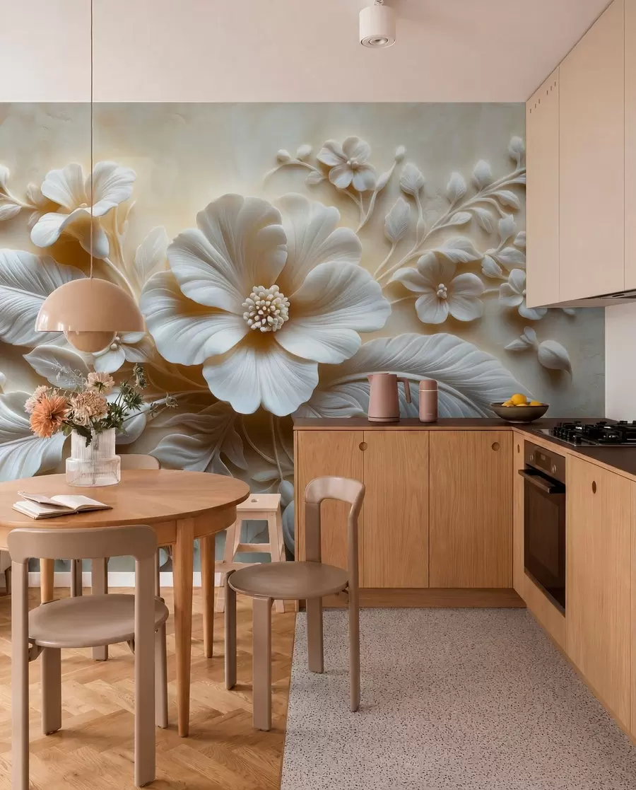 Papier peint photo Tableau mural en relief 3D représentant des plumes et des fleurs, avec un grand coquelicot aux couleurs beiges w01340