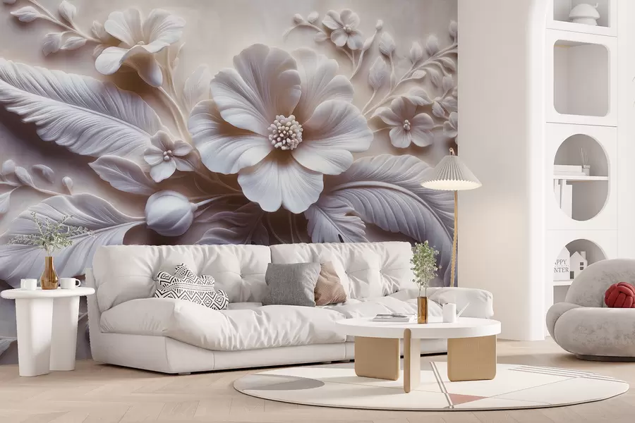 Papier peint photo Décoration murale en relief 3D avec plumes et fleurs, avec un grand coquelicot aux couleurs rose clair w01340v1
