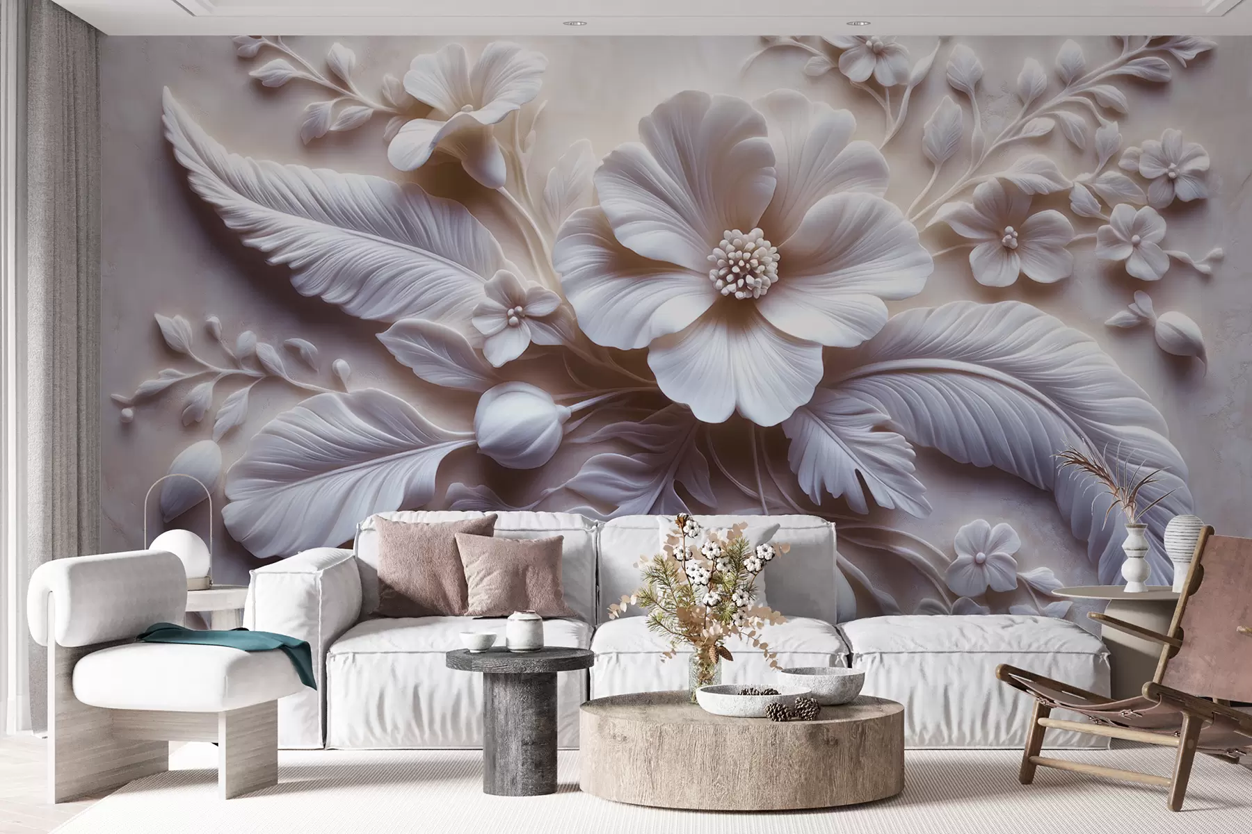 Papier peint photo Décoration murale en relief 3D avec plumes et fleurs, avec un grand coquelicot aux couleurs rose clair w01340v1