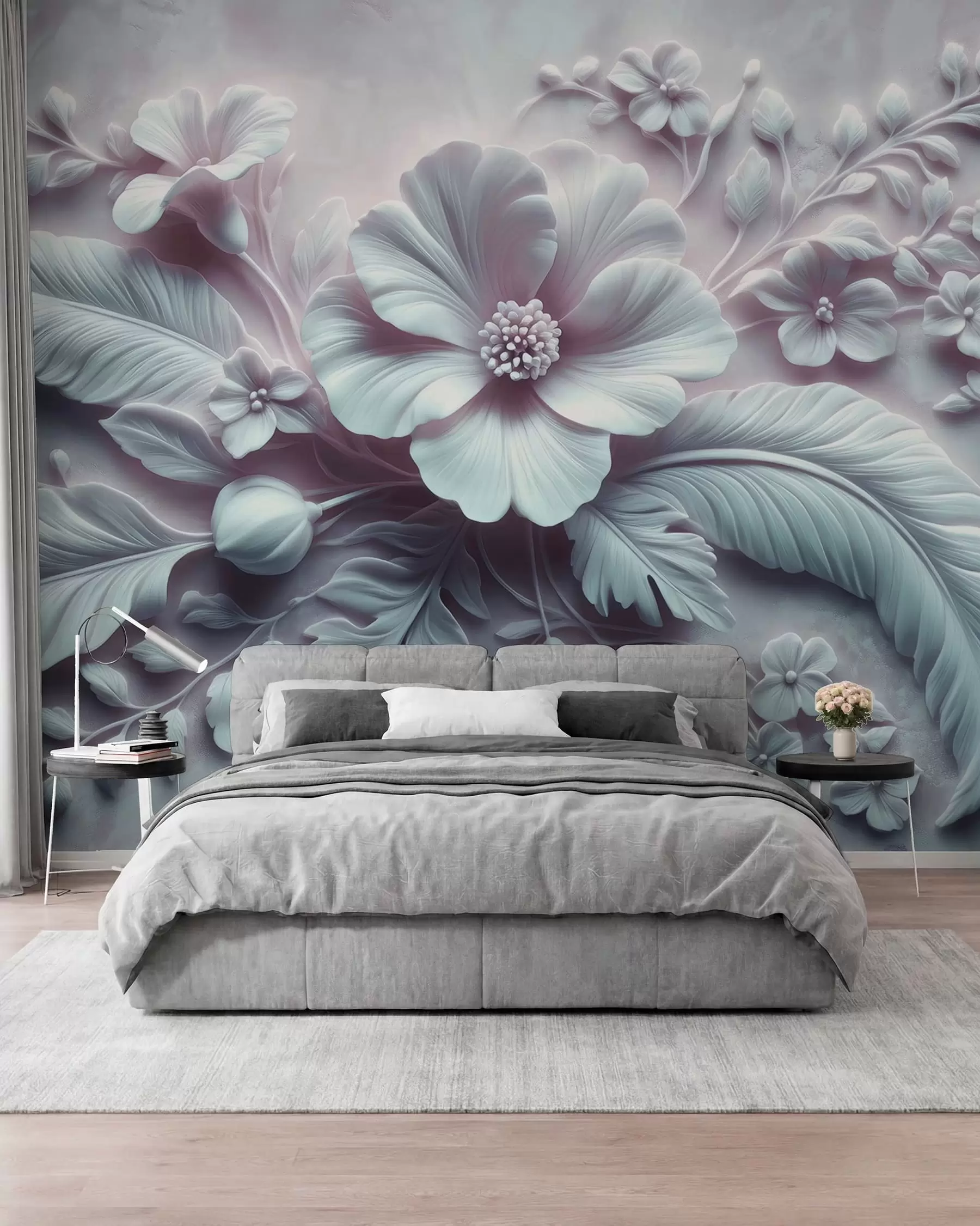 Fotobehang 3D reliëf wandkunst met veren en bloemen, met een grote klaproos in lichtblauwe kleuren w01340v2