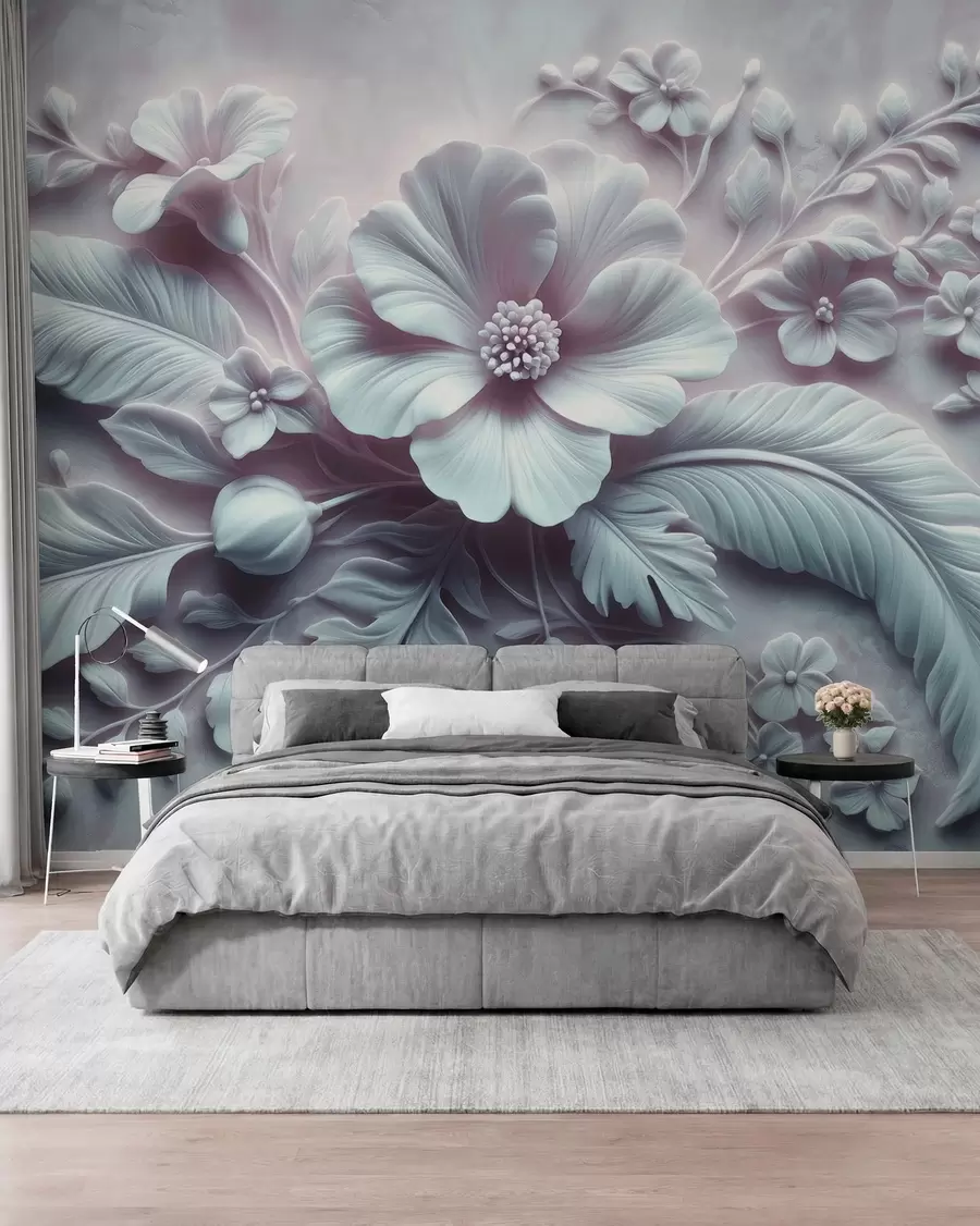 Papier peint photo Décoration murale en relief 3D représentant des plumes et des fleurs, avec un grand coquelicot aux couleurs bleu clair w01340v2