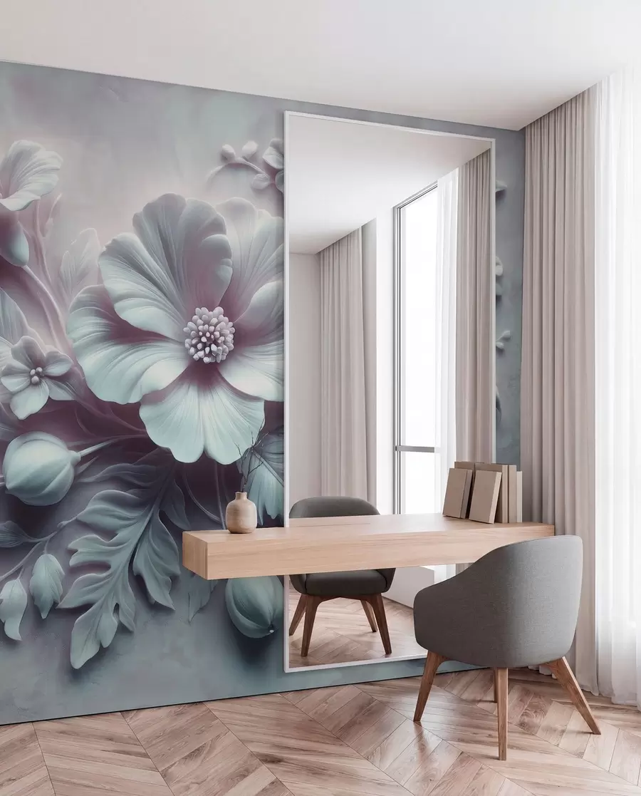 Papier peint photo Décoration murale en relief 3D représentant des plumes et des fleurs, avec un grand coquelicot aux couleurs bleu clair w01340v2