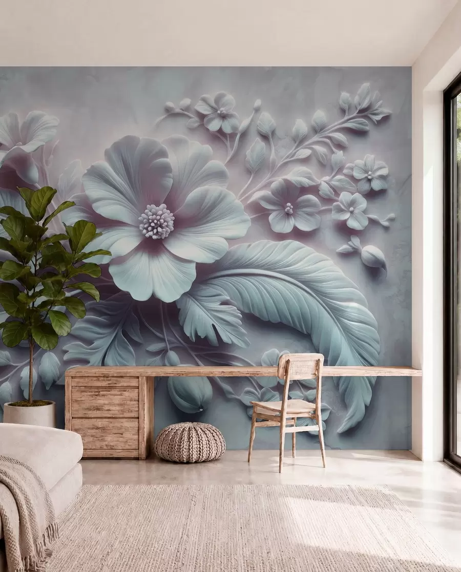 Fotobehang 3D reliëf wandkunst met veren en bloemen, met een grote klaproos in lichtblauwe kleuren w01340v2