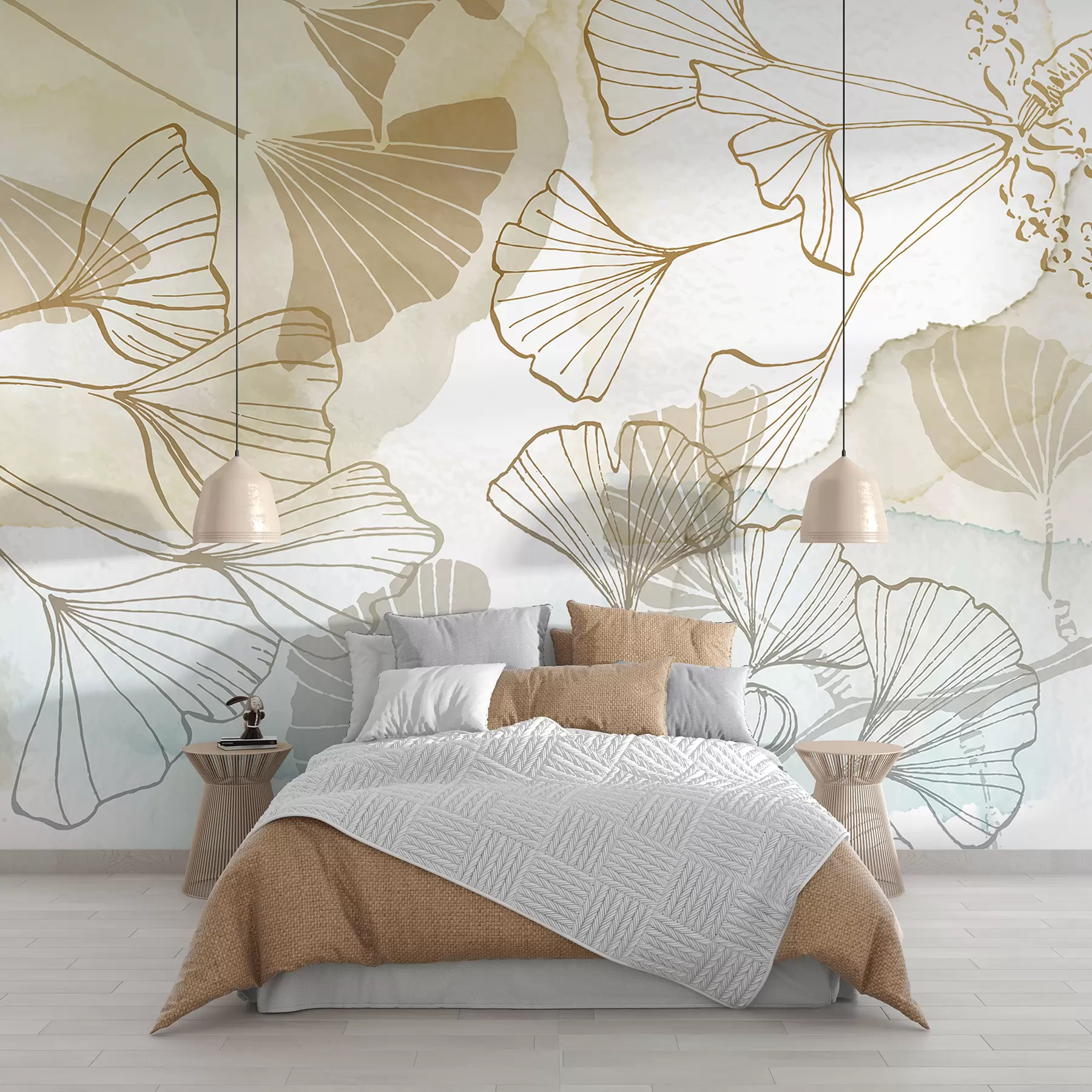 Fotobehang Een patroon van delicate ginkgobladeren in tinten beige, bruin en blauw tegen een lichte achtergrond w08157