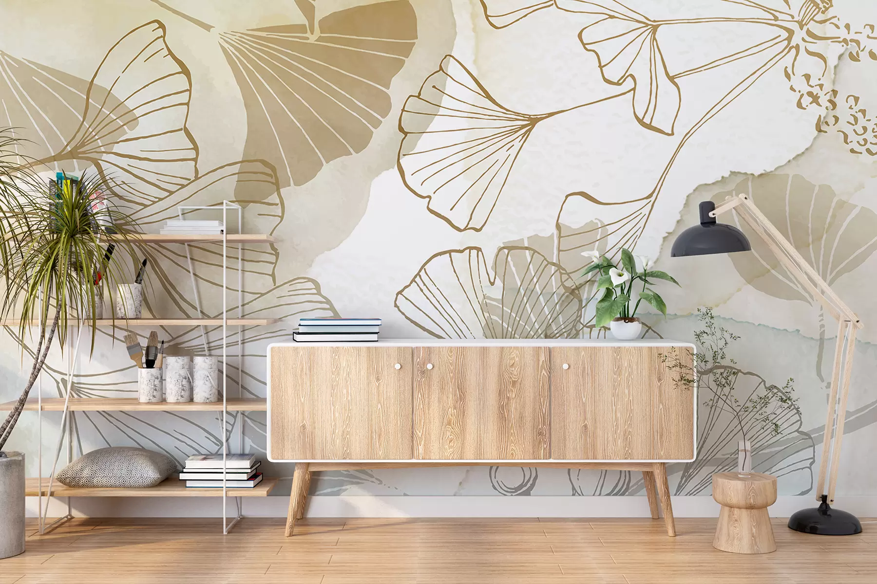 Fotobehang Een patroon van delicate ginkgobladeren in tinten beige, bruin en blauw tegen een lichte achtergrond w08157