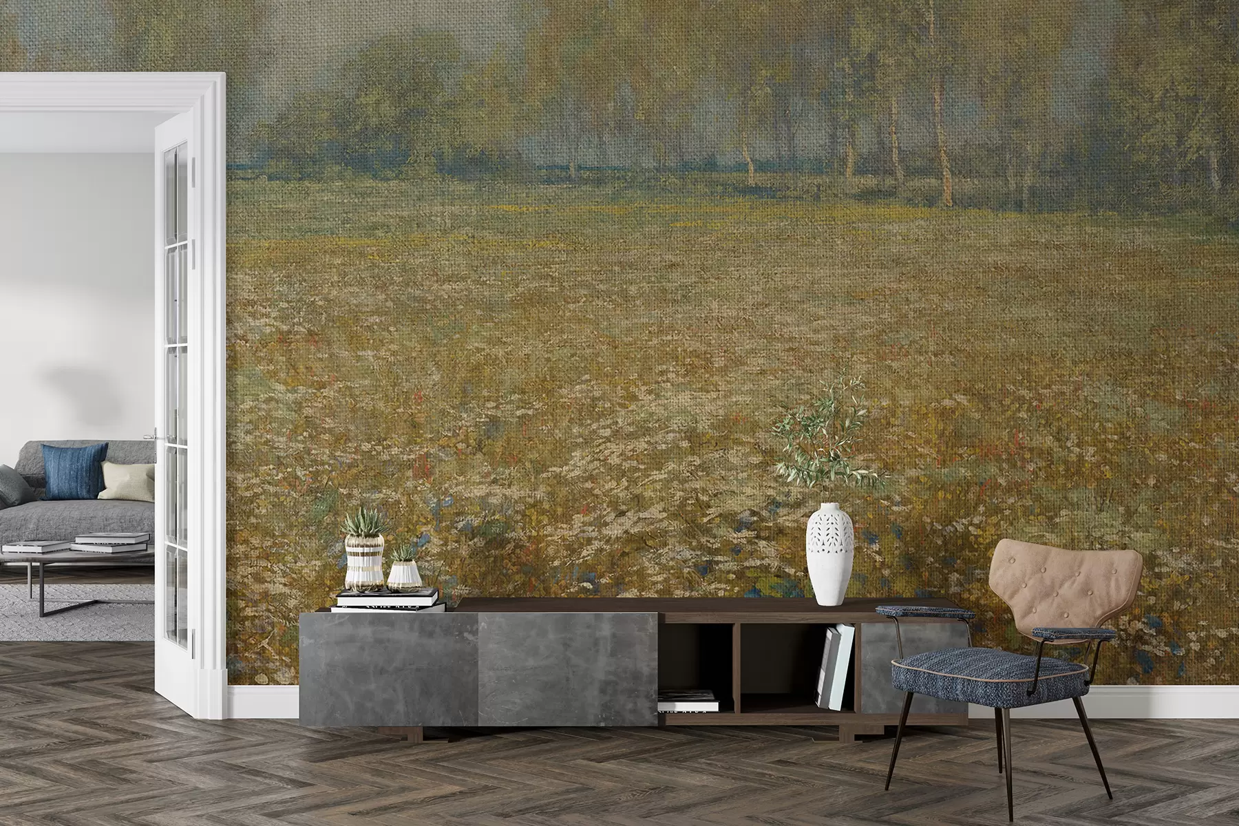 Papier peint photo Un champ de fleurs sauvages jaunes et blanches dans un paysage vintage, avec des arbres bordant l'horizon sous un ciel brumeux w08162