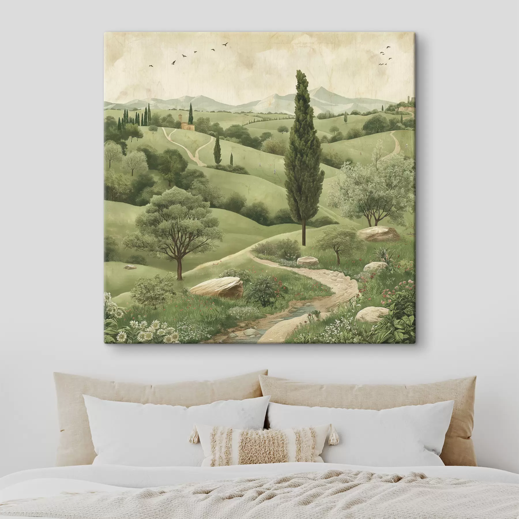  Schilderijen Toscaans landschap, vintage stijl, pastelgroene kleuren, heuvels en bomen s40075