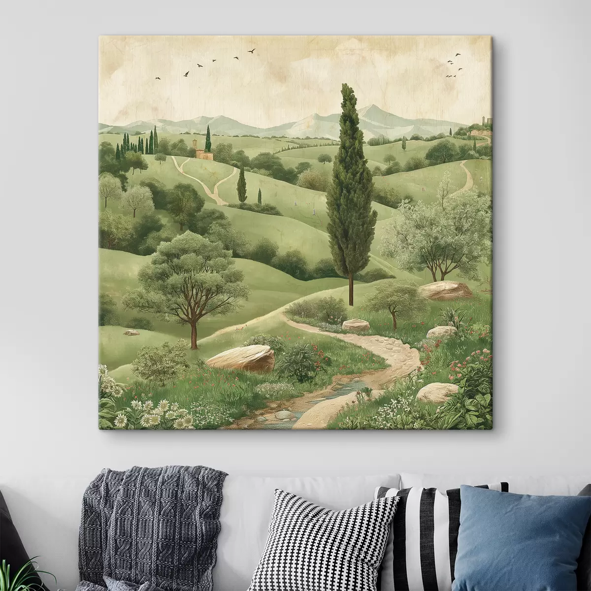  Peintures Paysage de Toscane, style vintage, couleurs vert pastel, collines et arbres s40075