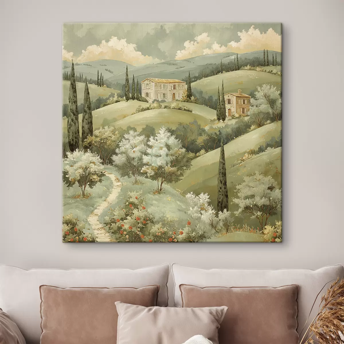  Peintures Paysage avec maisons anciennes, couleurs vert pastel, dessin acrylique, été s40078