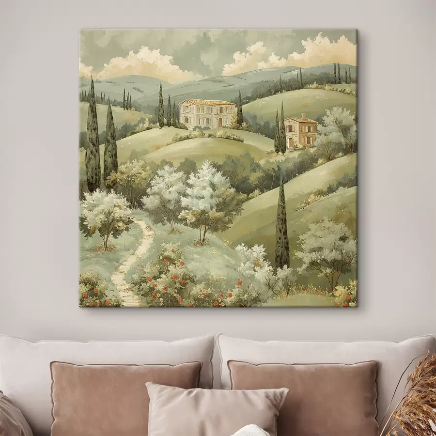  Peintures Paysage avec maisons anciennes, couleurs vert pastel, dessin acrylique, été s40078