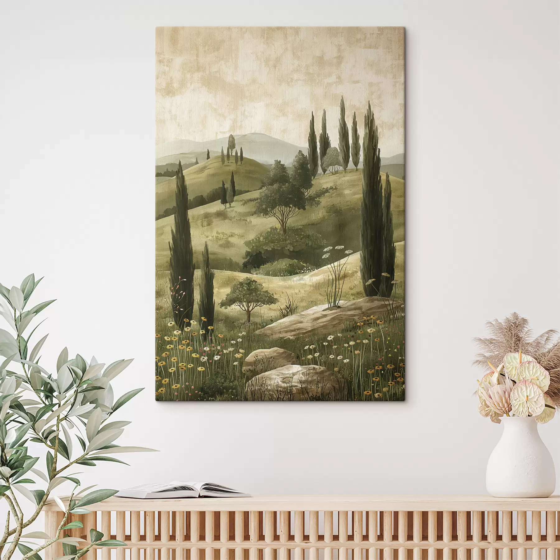  Peintures Paysage vintage, style rustique, couleurs pastel, prairie avec fleurs et arbres s40081
