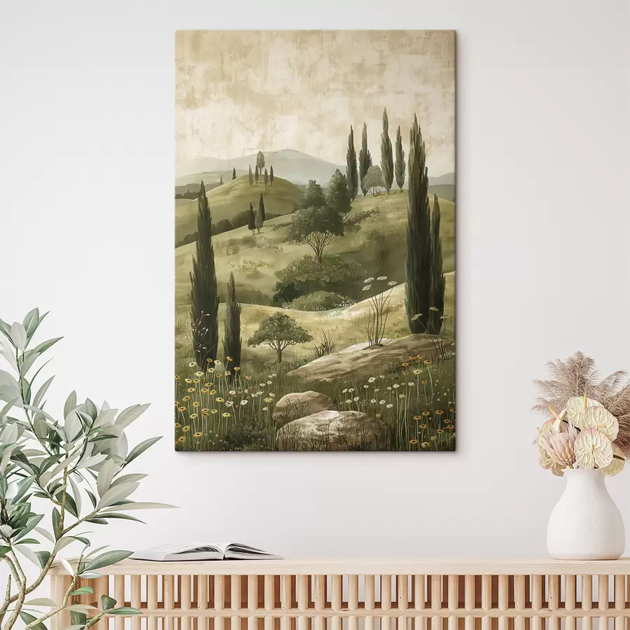  Peintures Paysage vintage, style rustique, couleurs pastel, prairie avec fleurs et arbres s40081