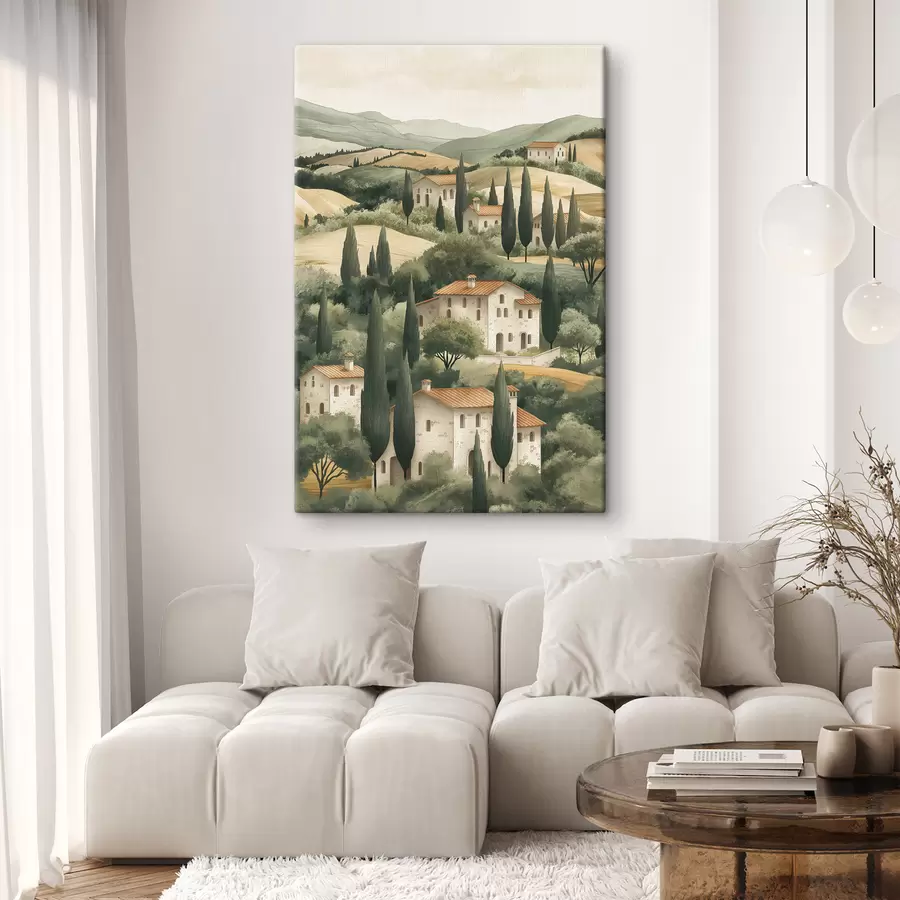  Peintures Paysage toscan avec maisons anciennes, couleurs pastel, collines et arbres, rustique s40082