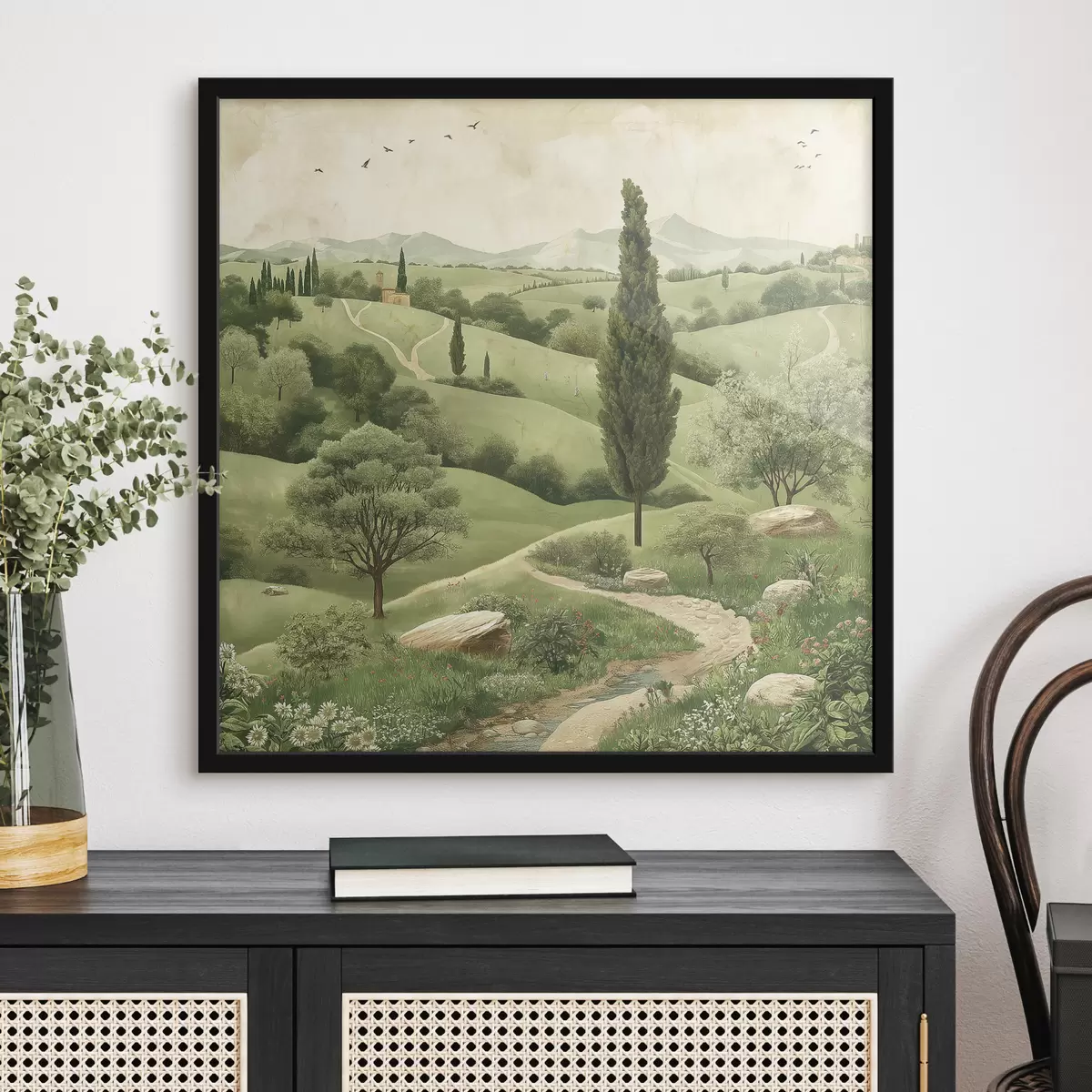 Affiche Paysage de Toscane, style vintage, couleurs vert pastel, collines et arbres f40075