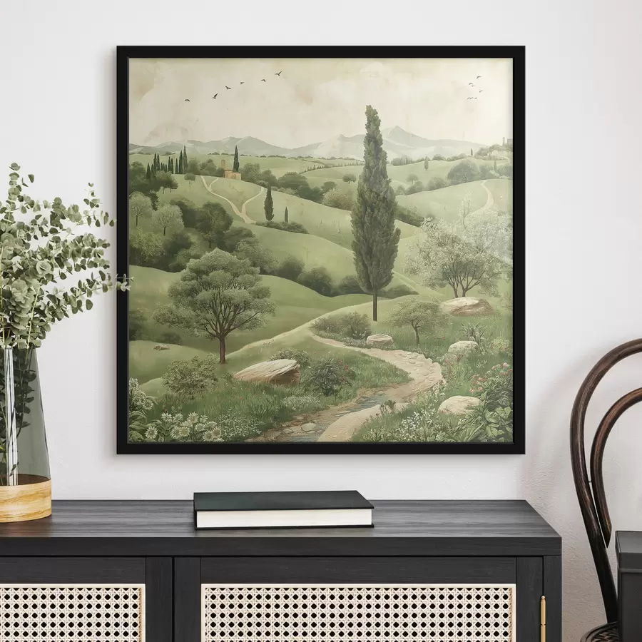 Papier peint photo Paysage de Toscane, style vintage, couleurs vert pastel, collines et arbres f40075