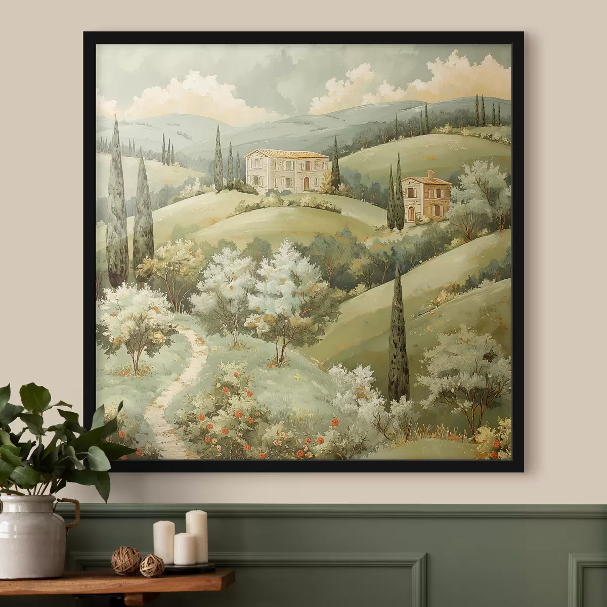 Affiche Paysage avec maisons anciennes, couleurs vert pastel, dessin acrylique, été f40078