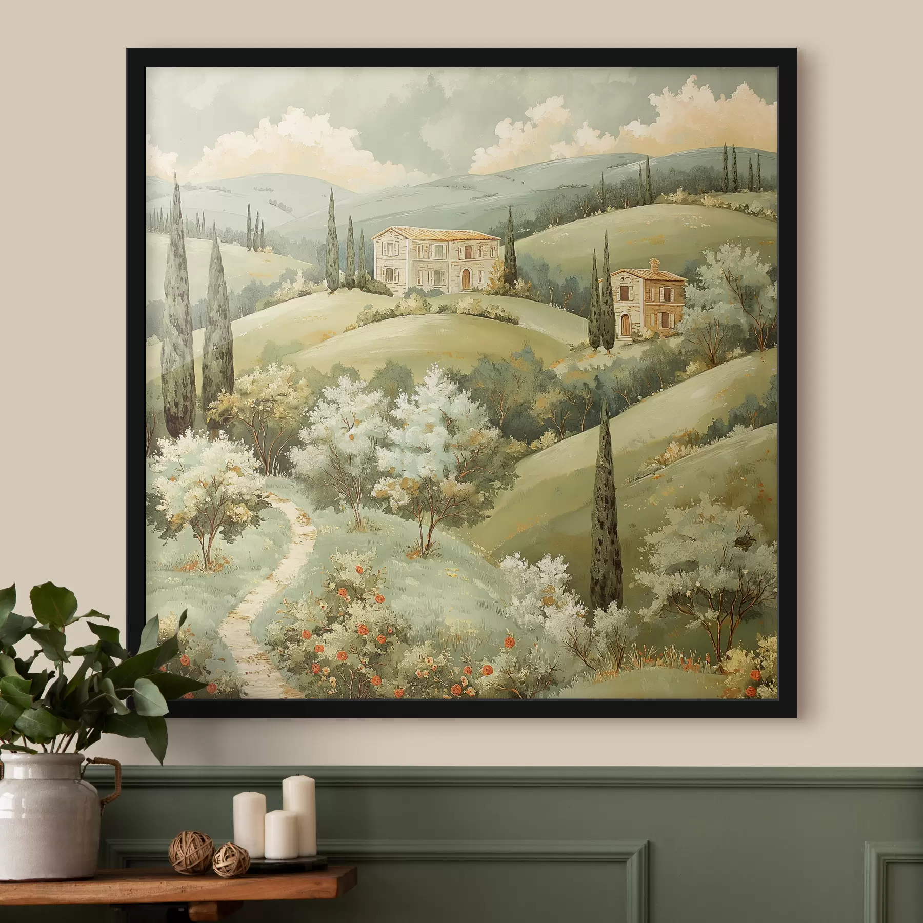  Peintures Paysage avec maisons anciennes, couleurs vert pastel, dessin acrylique, été f40078