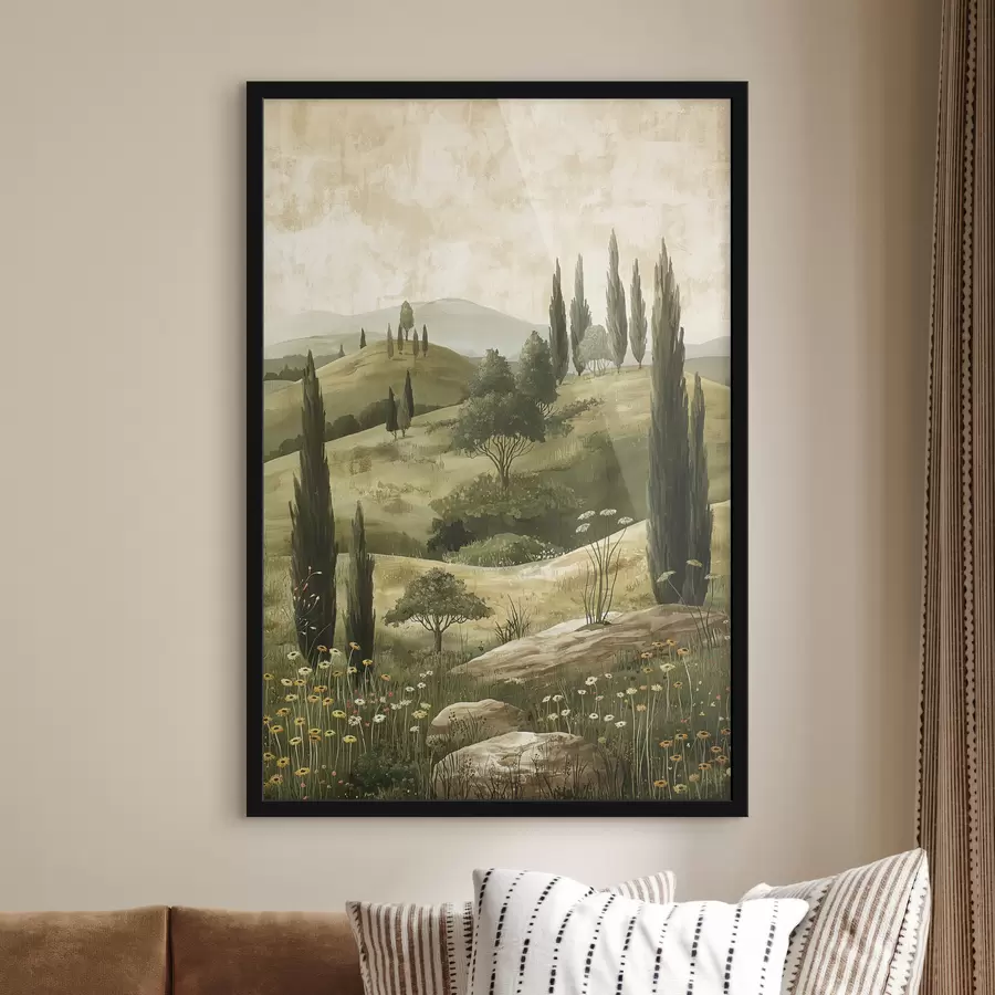 Fotobehang Vintage landschap, rustieke stijl, pastelkleuren, weide met bloemen en bomen f40081