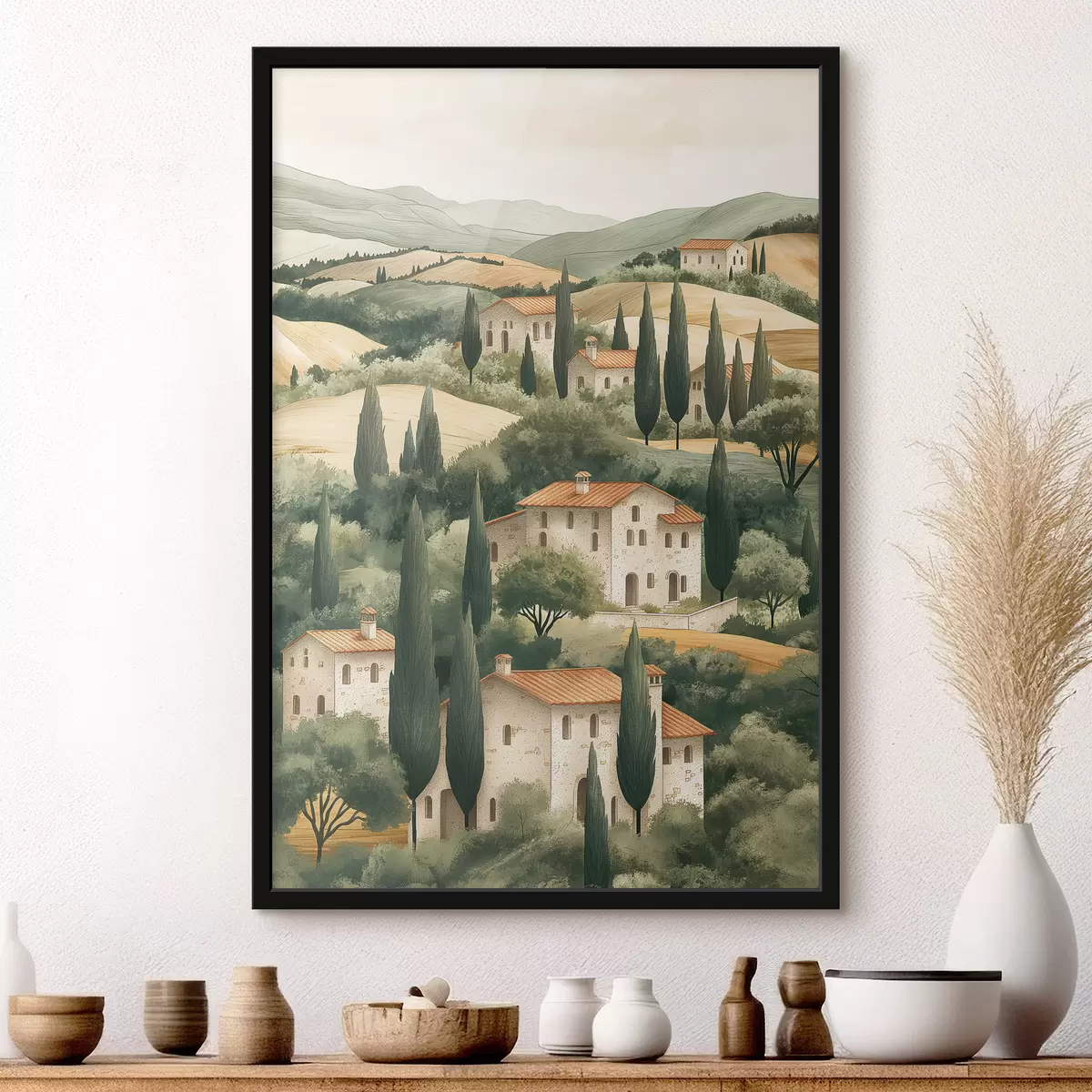 Affiche Paysage toscan avec maisons anciennes, couleurs pastel, collines et arbres, rustique f40082