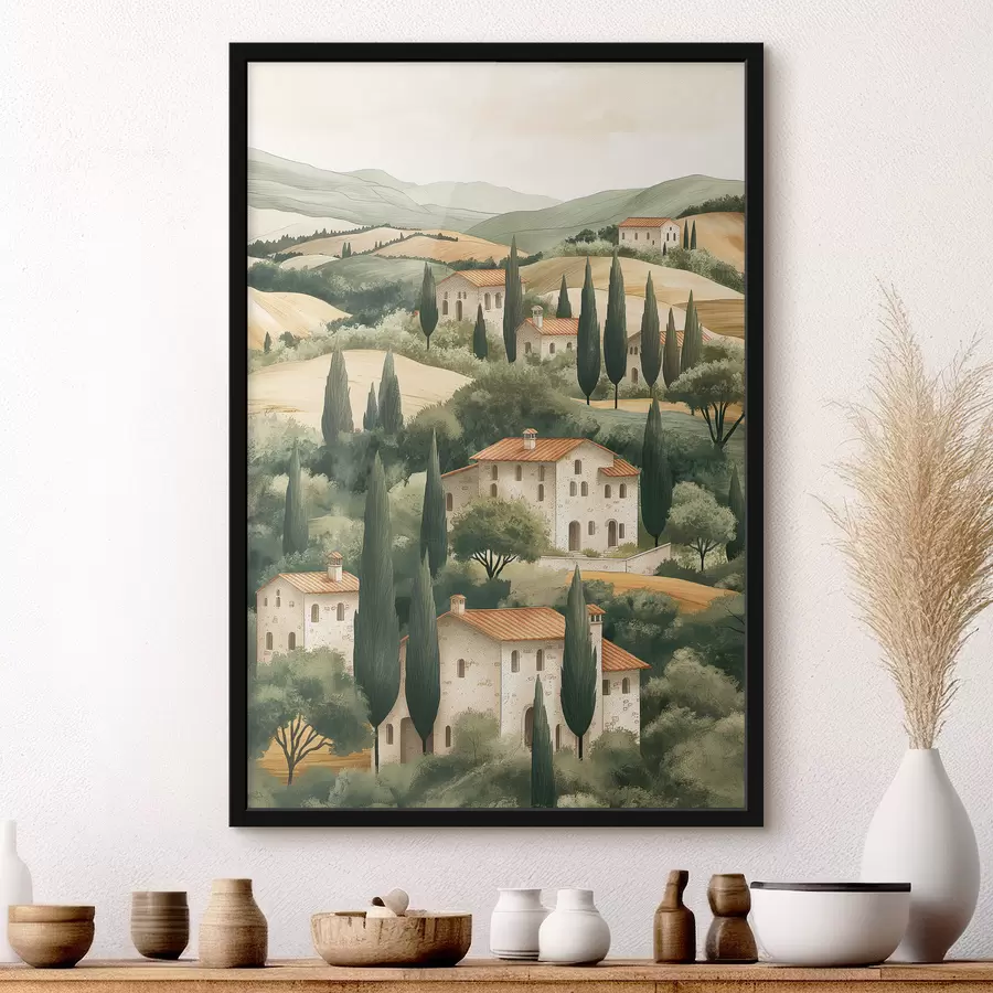 Fotobehang Toscaans landschap met oude huizen, pastelkleuren, heuvels en bomen, rustiek f40082