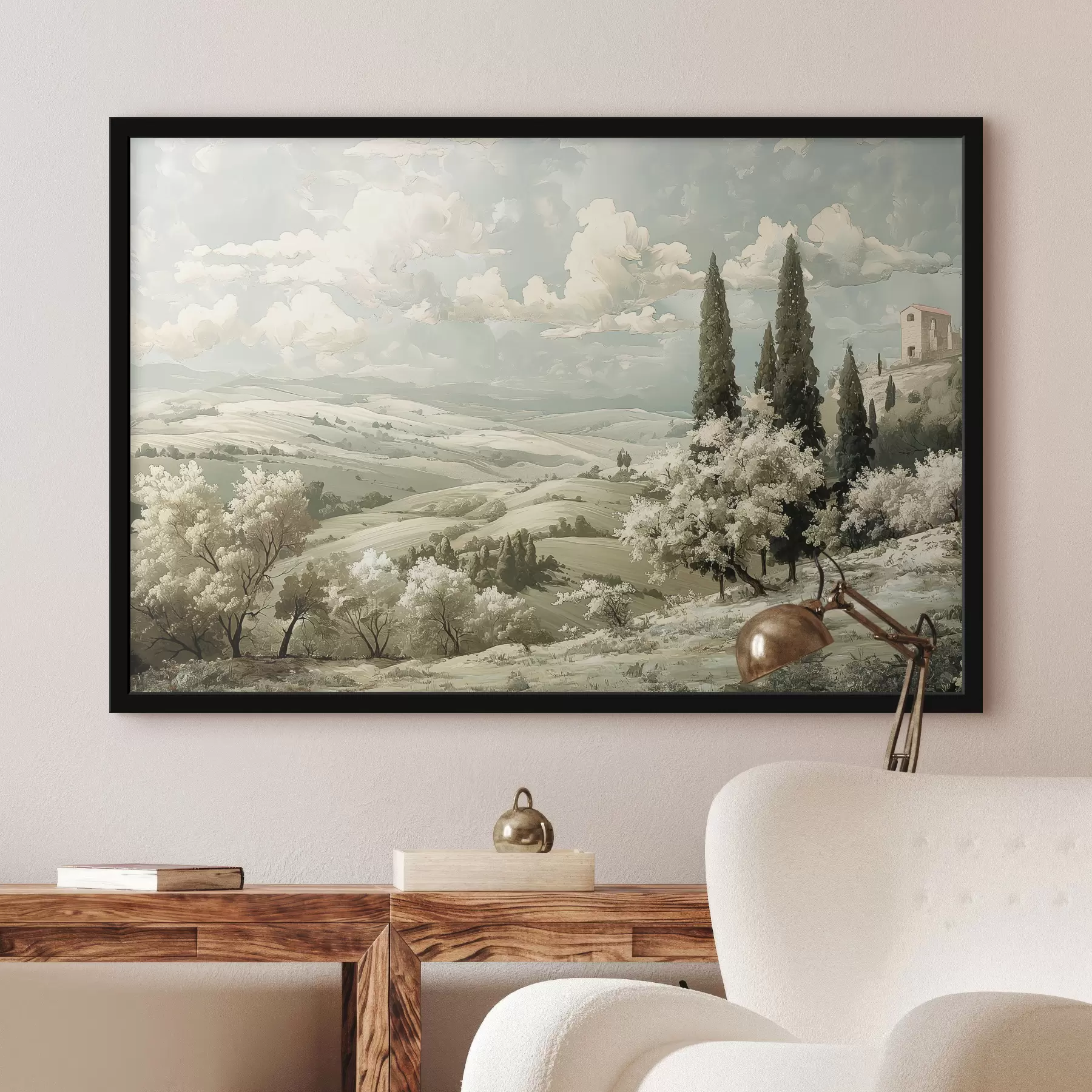 Fotobehang Zomerlandschap, vintage stijl, pastelkleuren, acryl tekening, kasteel f40084