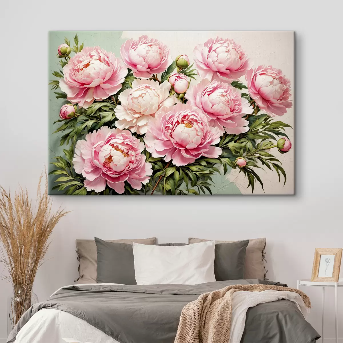  Schilderijen Roze bloemen en bladeren op een blauw-witte achtergrond s40074
