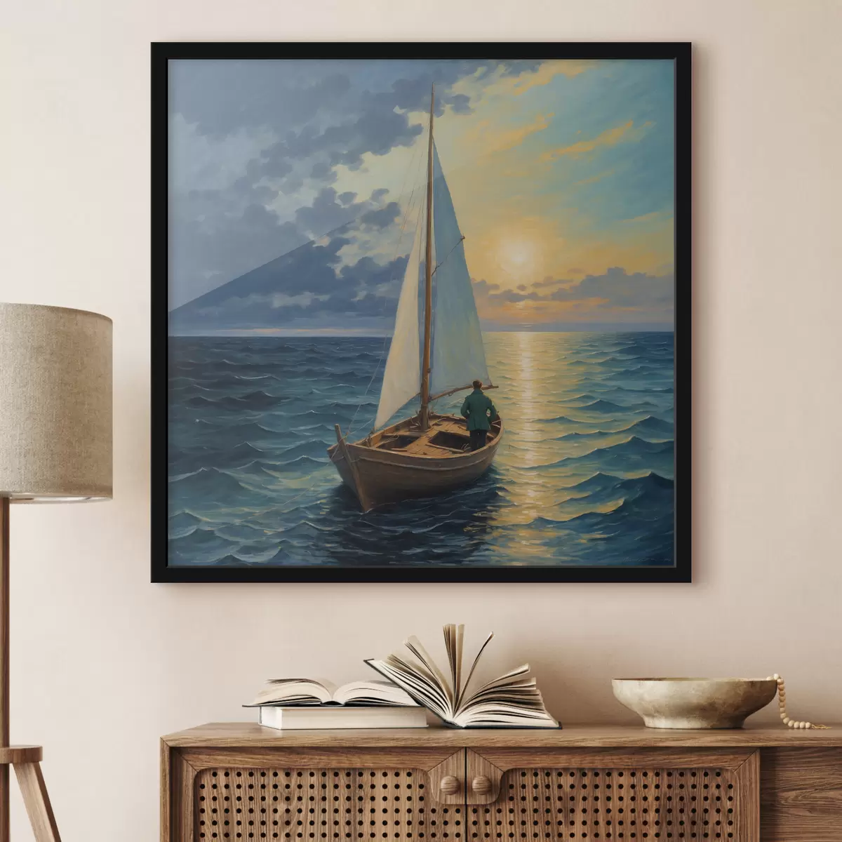 Poster Een man drijft in een boot op zee f40053