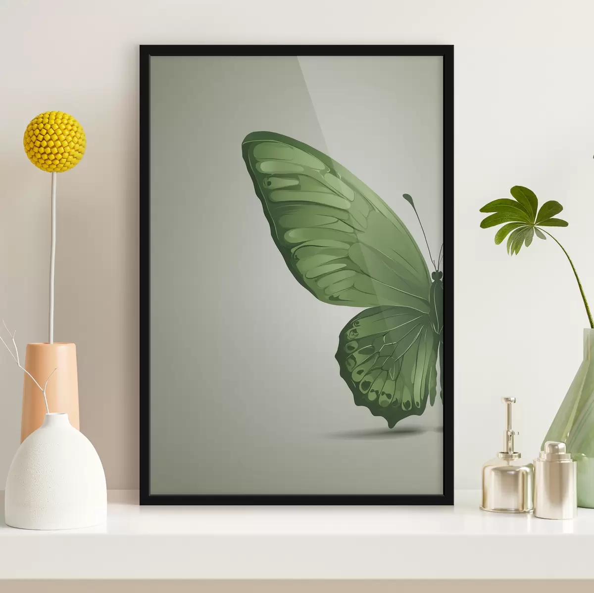 Poster Linkervleugel van groene vlinder op witte achtergrond f40062