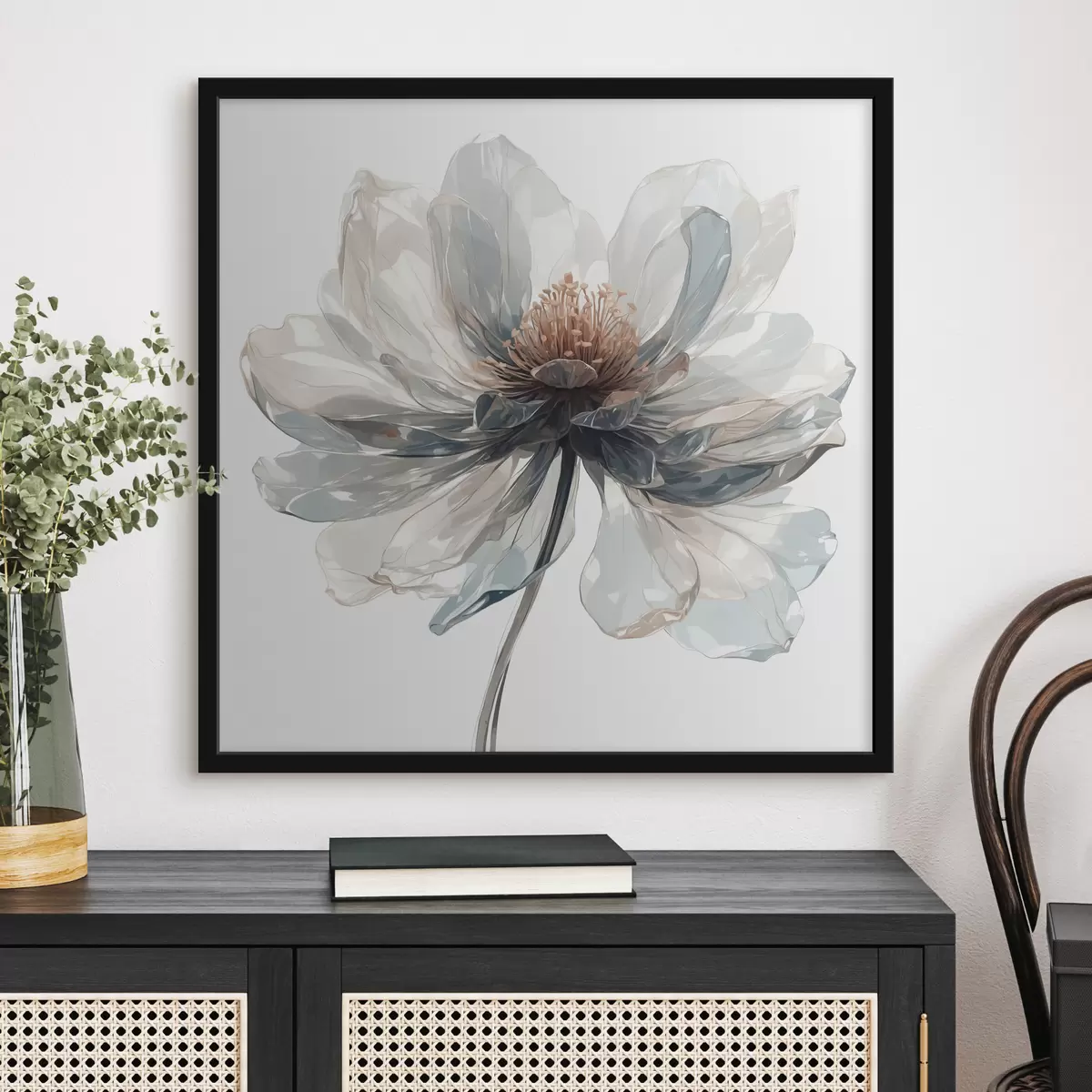 Poster Transparante blauwe bloem op witte achtergrond f40067