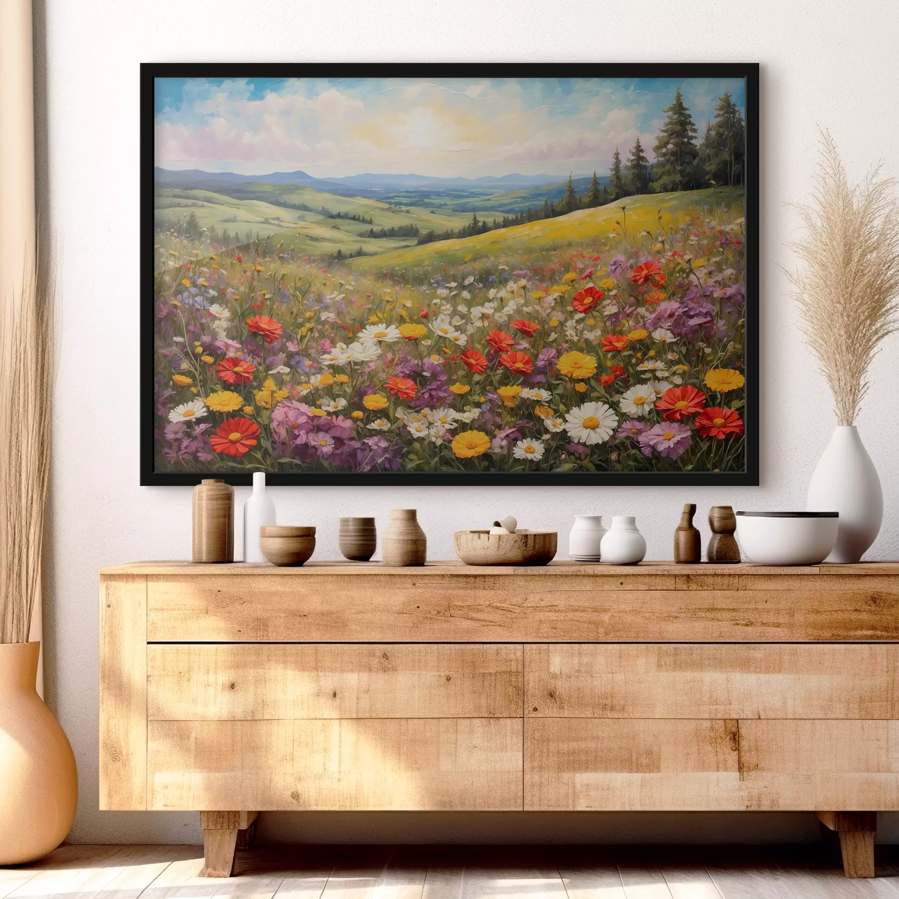 Fotobehang Bloemenveld bij zonsondergang f40073