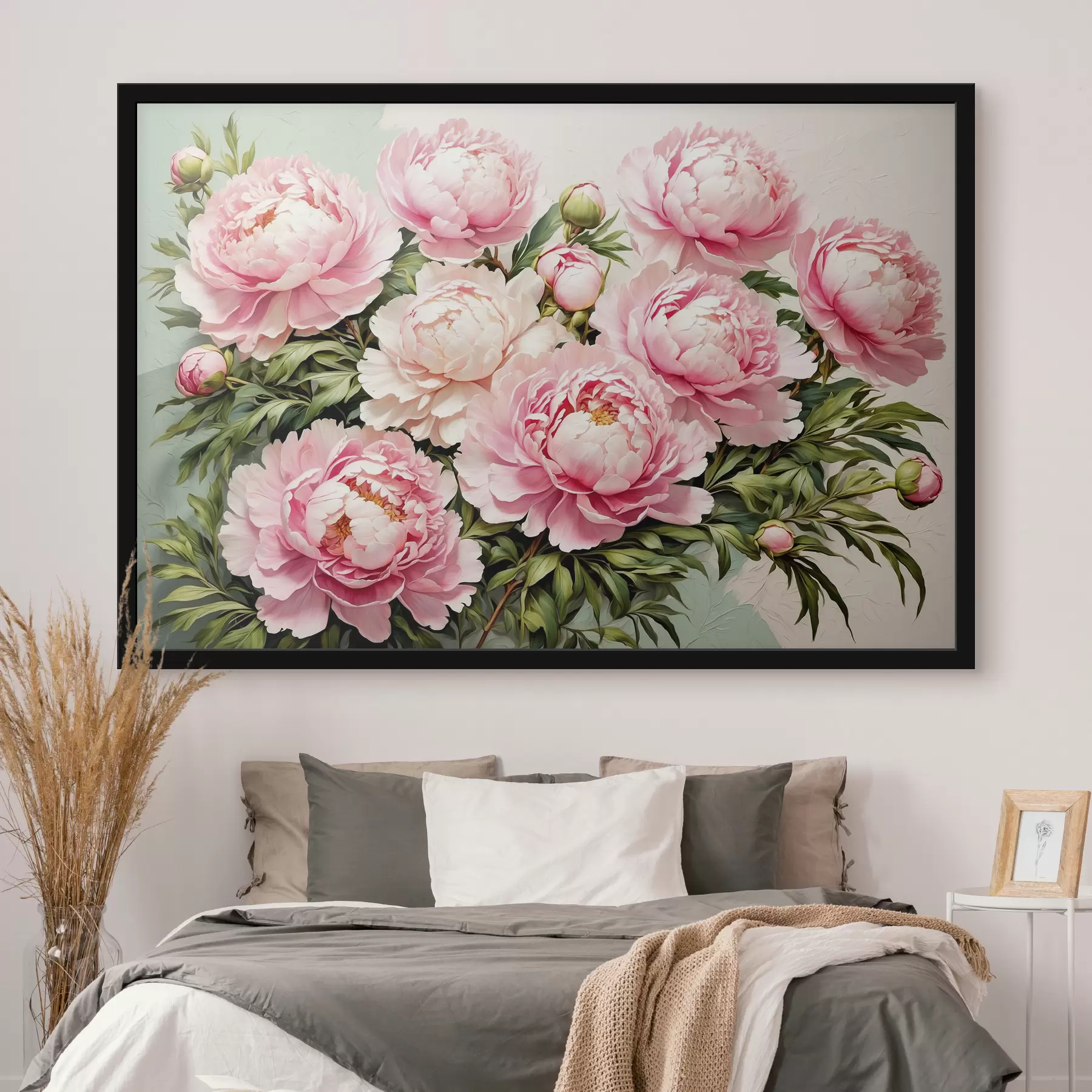 Fotobehang Roze bloemen en bladeren op een blauw-witte achtergrond f40074