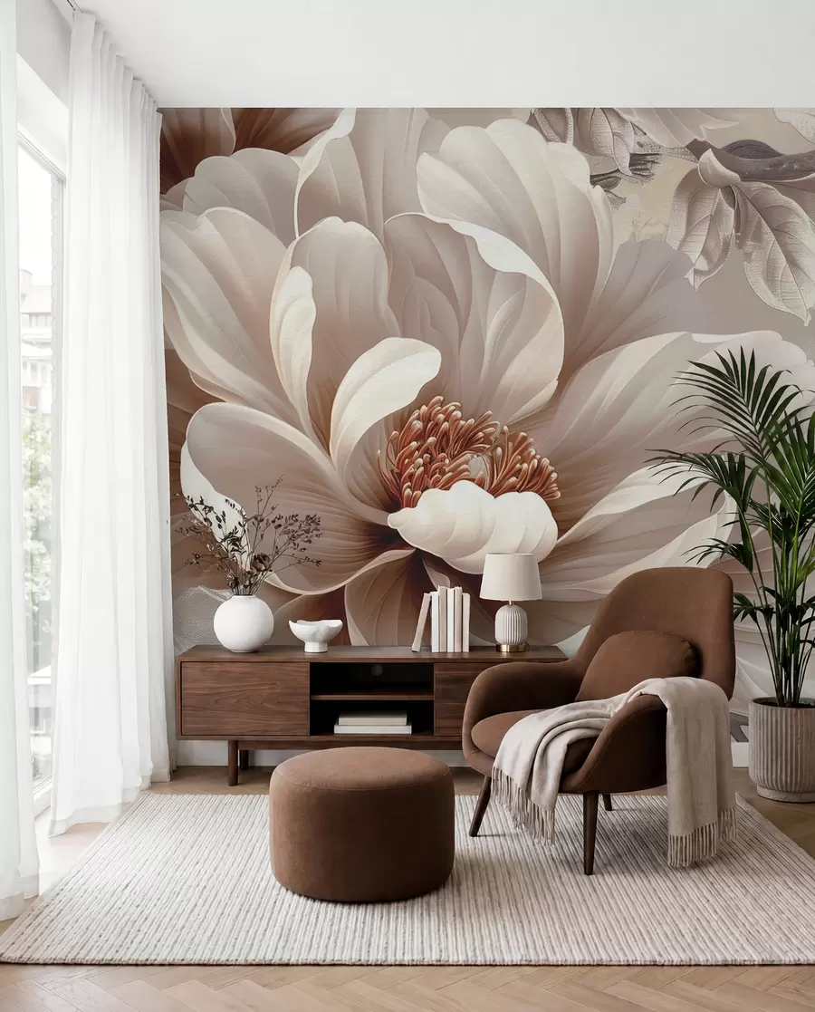 Fotobehang Grote roze bloem op een grunge muur w08181