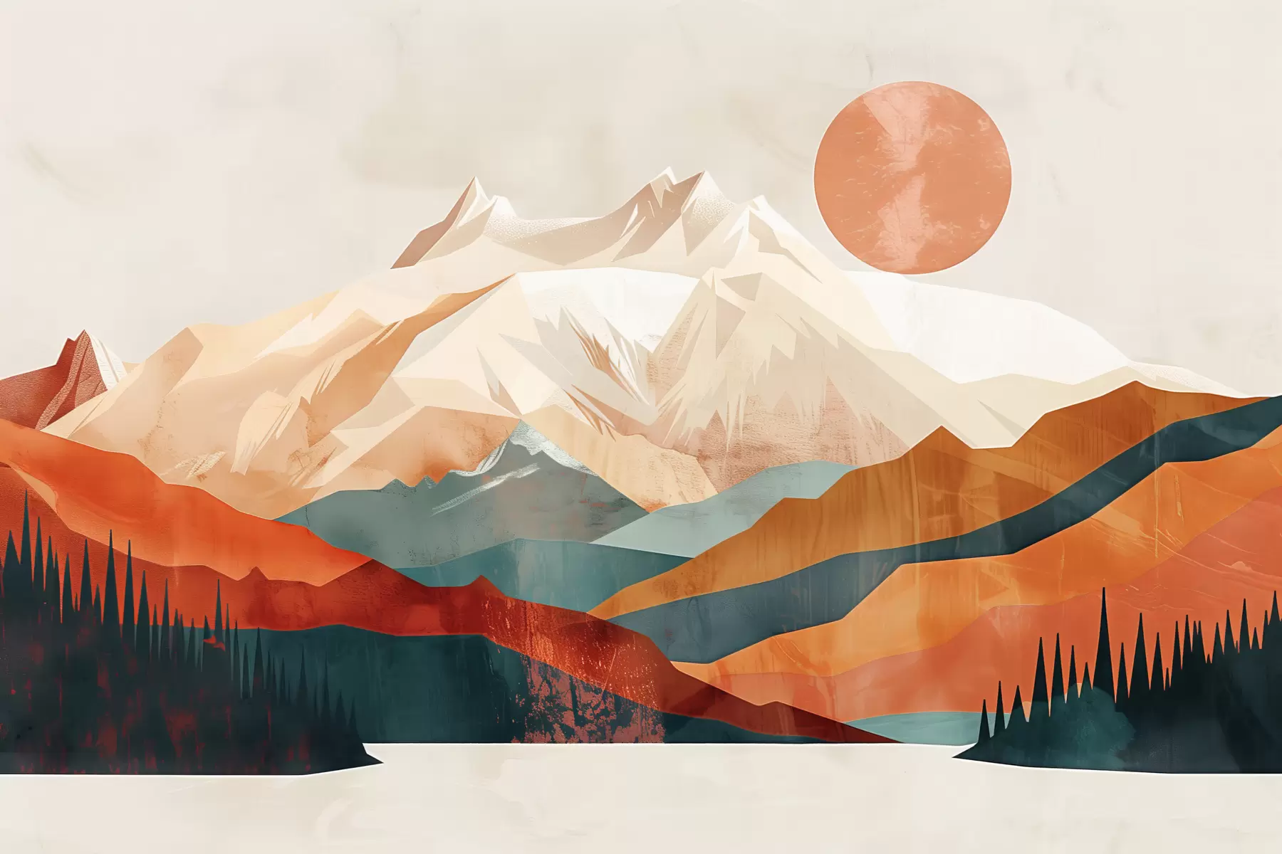 Papier peint photo Le bonheur bohème : un paysage serein de montagnes, d'arbres et de soleil w01358