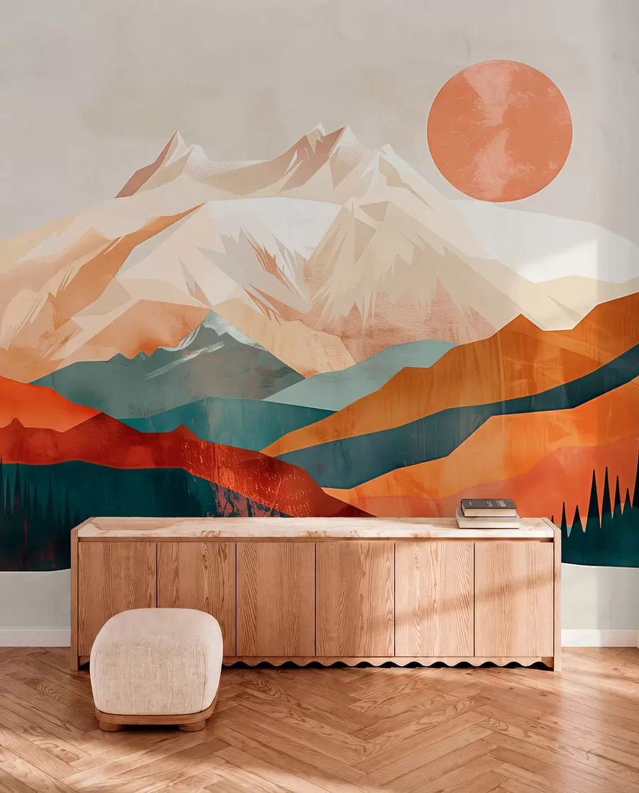 Papier peint photo Le bonheur bohème : un paysage serein de montagnes, d'arbres et de soleil w01358