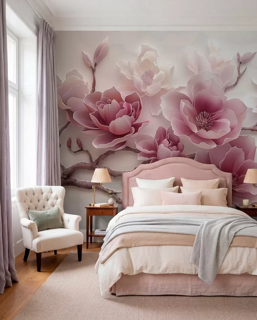 Papier peint photo Fleurs de magnolia roses en relief sur une branche gracieuse w01359v2