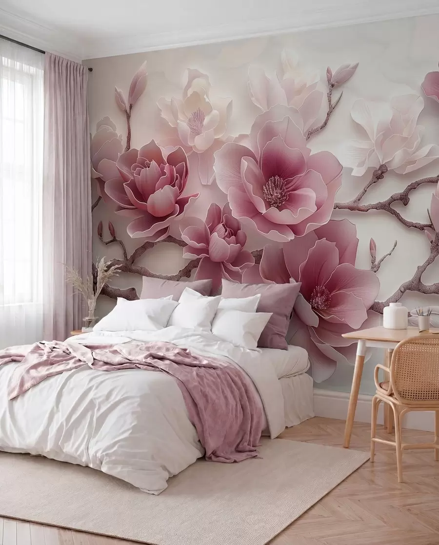 Papier peint photo Fleurs de magnolia roses en relief sur une branche gracieuse w01359v2