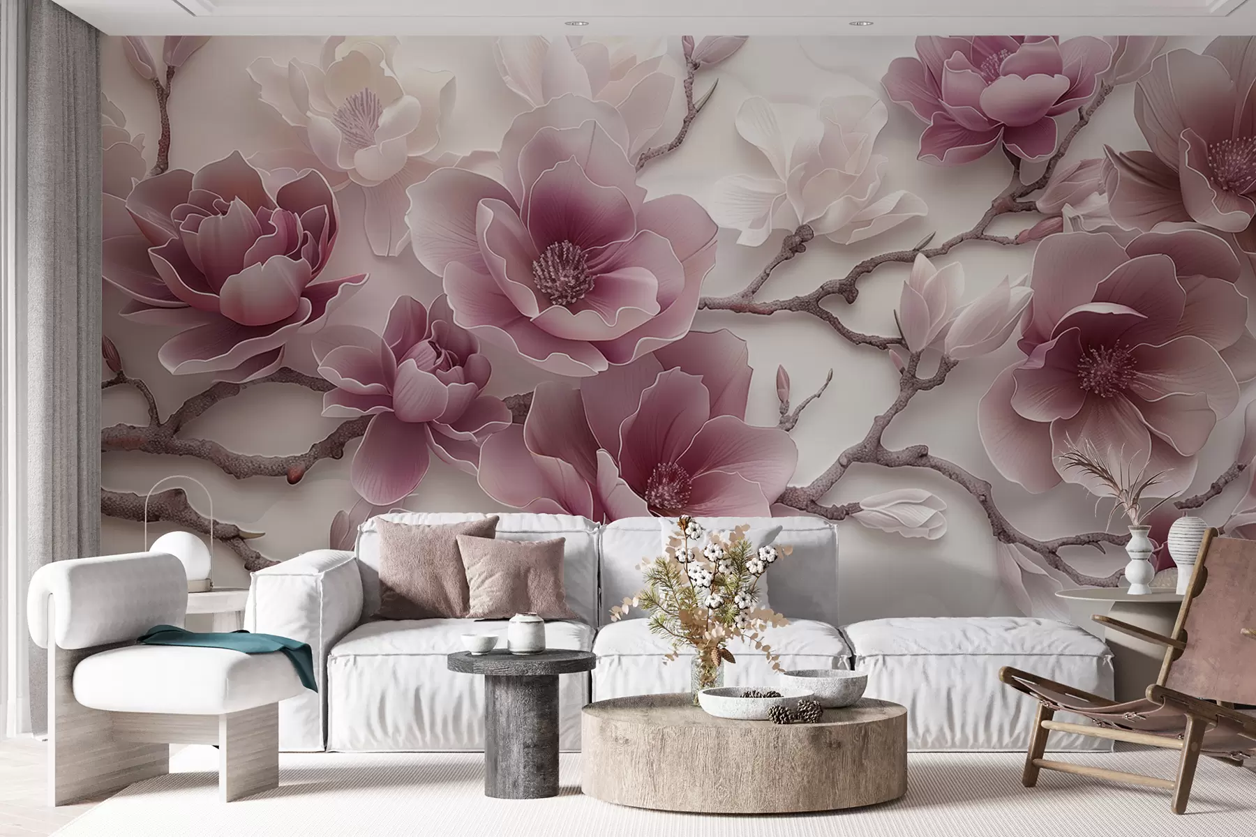 Fotobehang Roze reliëf magnolia bloemen op een sierlijke tak w01359v2