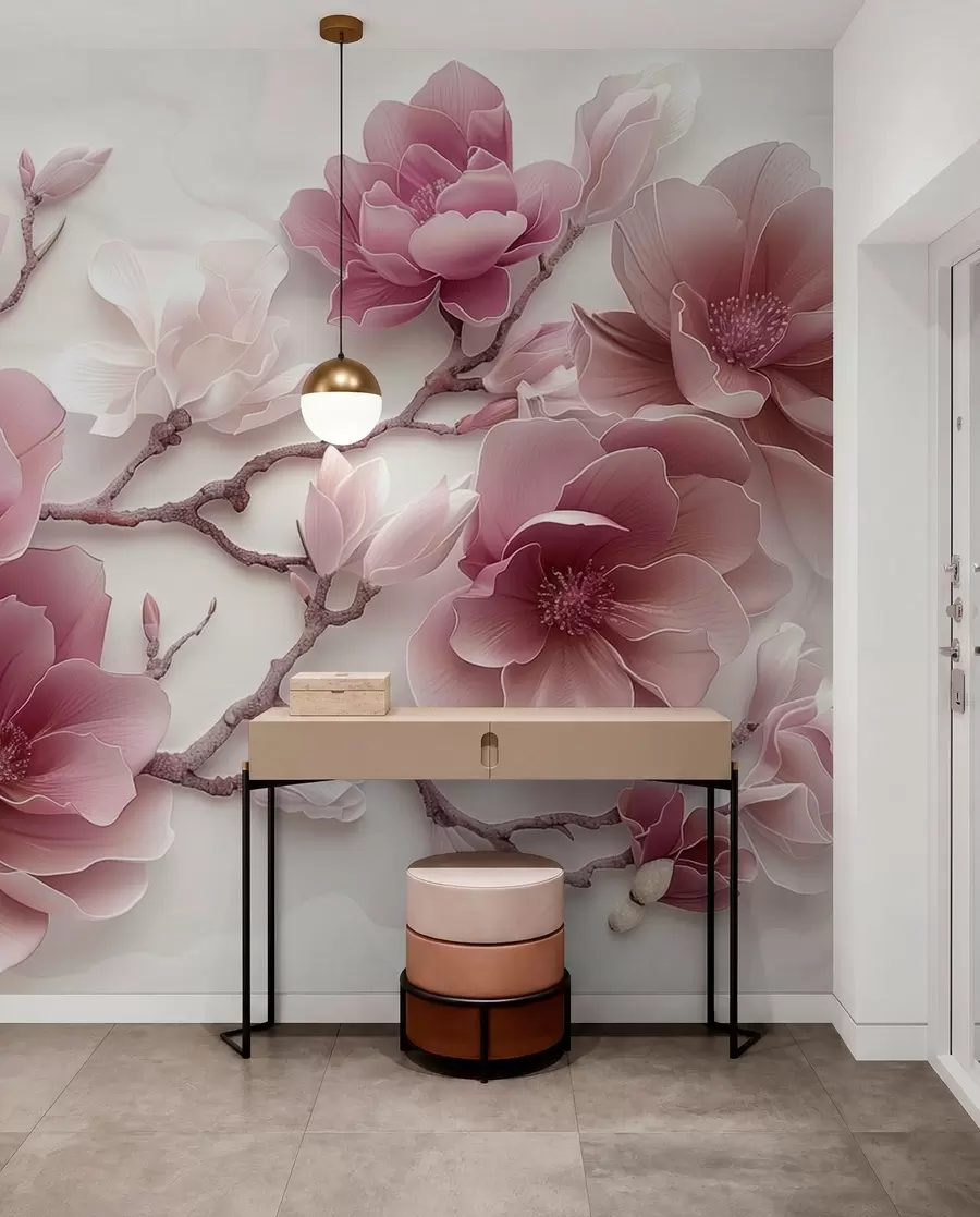 Fotobehang Roze reliëf magnolia bloemen op een sierlijke tak w01359v2