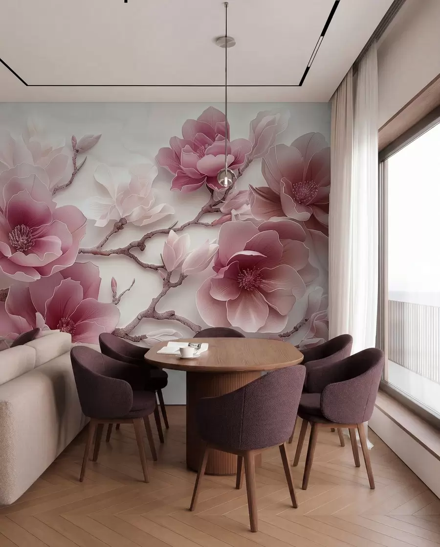 Papier peint photo Fleurs de magnolia roses en relief sur une branche gracieuse w01359v2