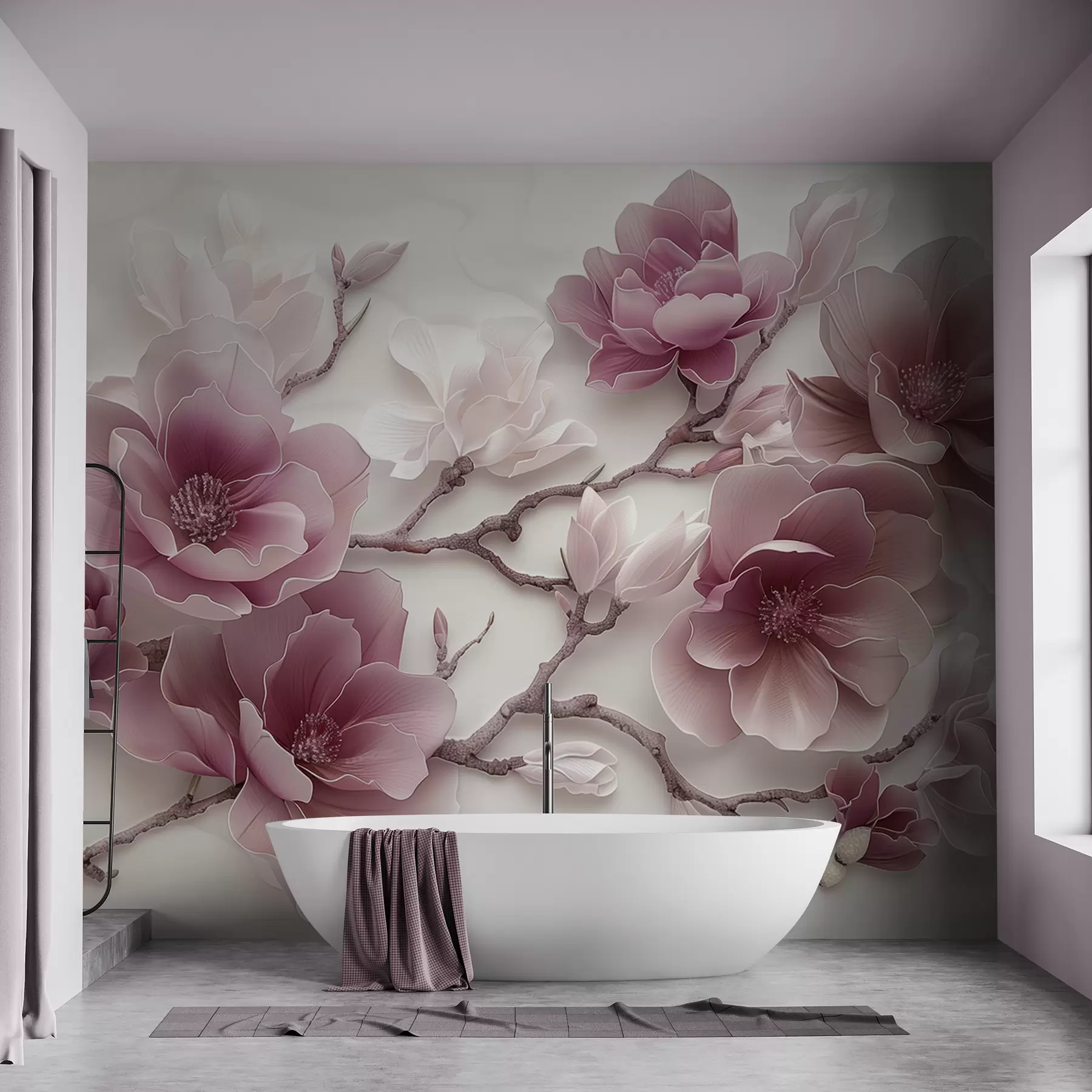 Fotobehang Roze reliëf magnolia bloemen op een sierlijke tak w01359v2