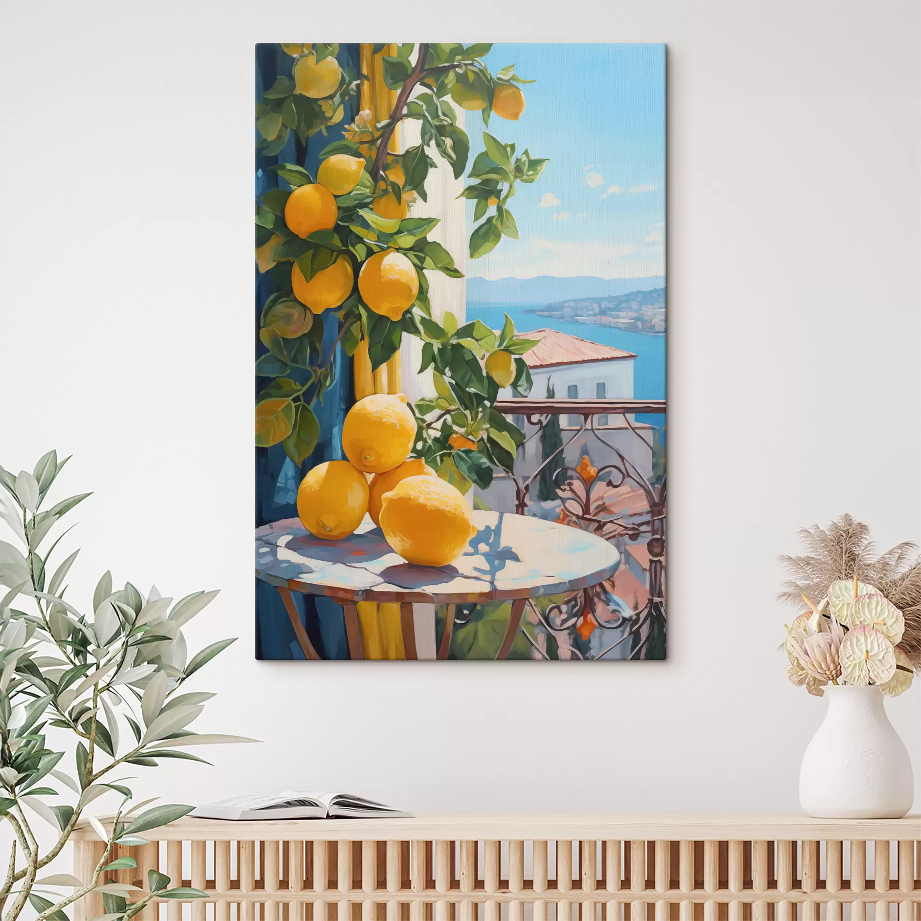 Papier peint photo Citrons sur un arbre et une table sur un balcon d'hôtel avec vue sur la mer, imitation peinture à l'huile s40091