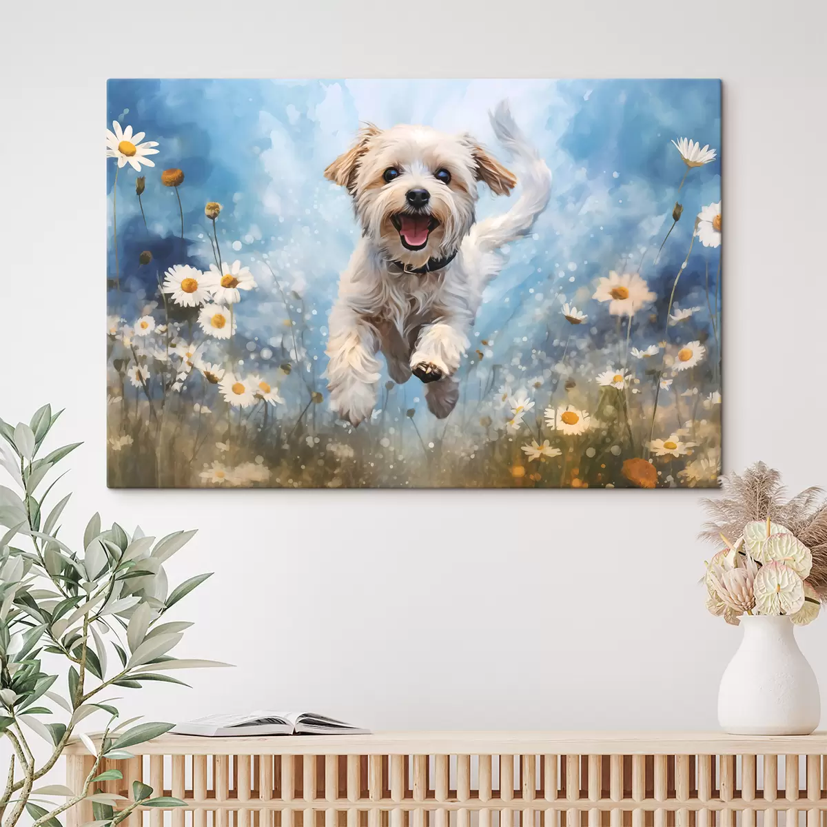  Peintures Petit chien blanc sautant parmi les marguerites sur fond bleu aquarelle s40092