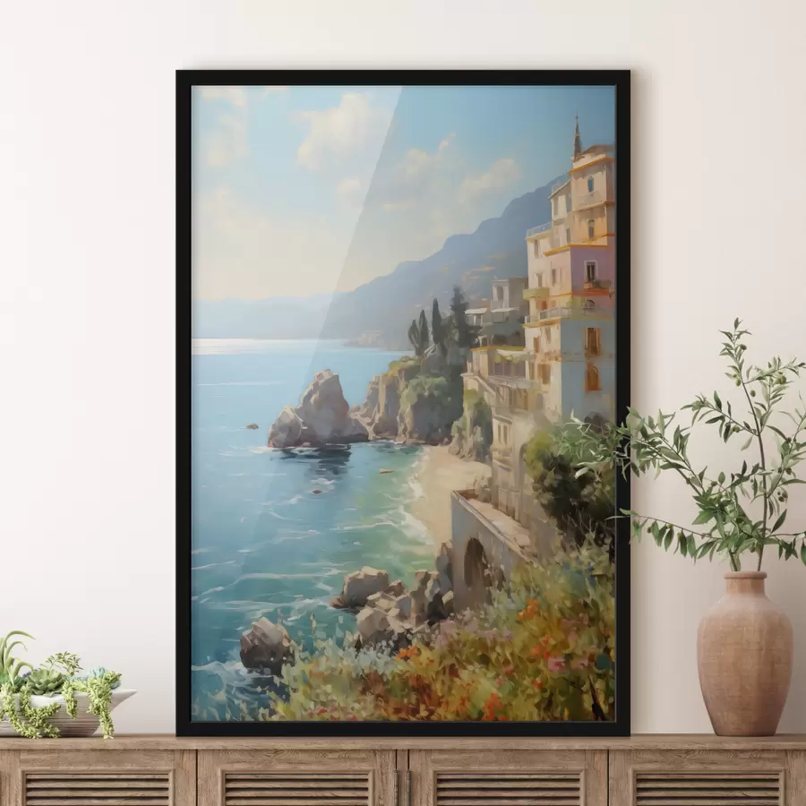 Fotobehang Uitzicht op de zeebaai, bergen in Italië vanuit het hotel imitatie van olieverfschilderij f40088