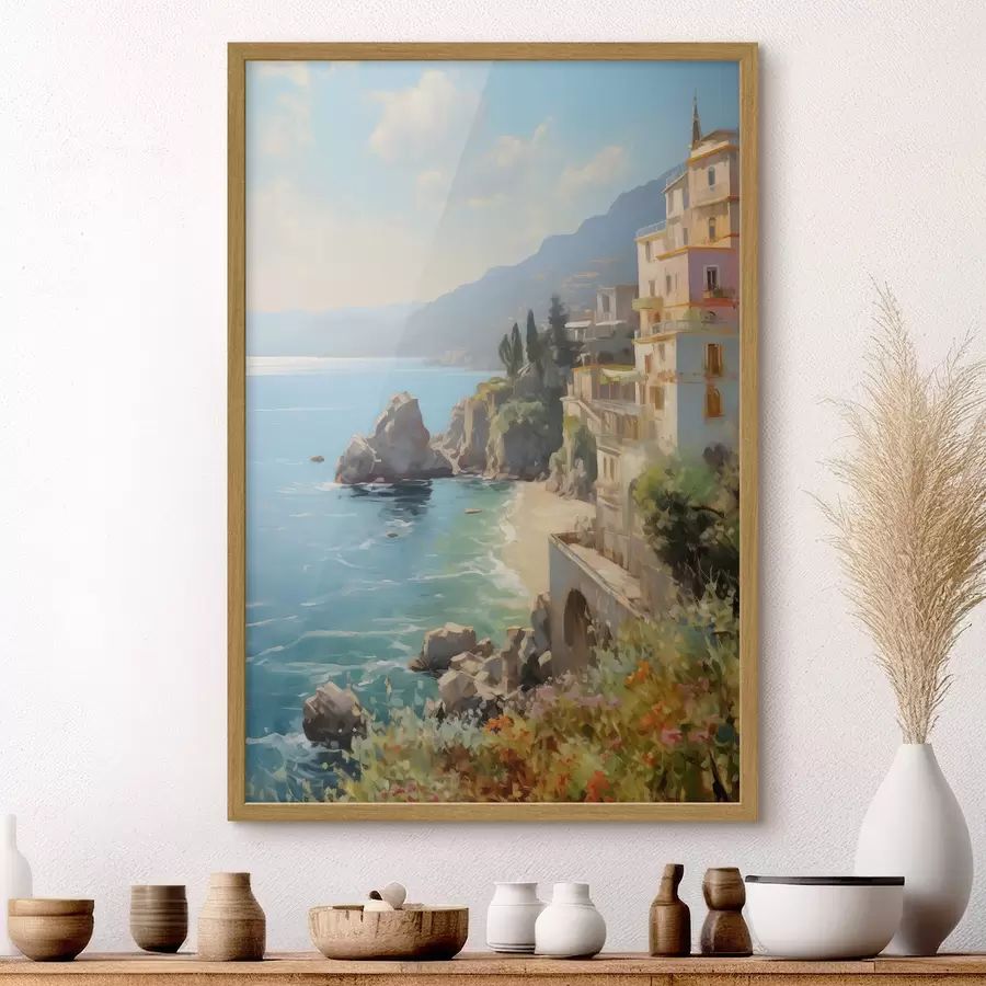 Papier peint photo Vue de la baie de la mer, des montagnes en Italie depuis l'hôtel imitation de peinture à l'huile f40088