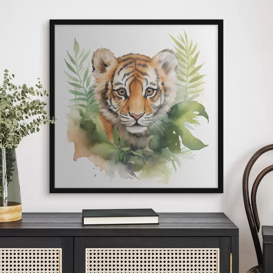 Fotobehang Tijgerportret in tropische bladeren aquarel f40090