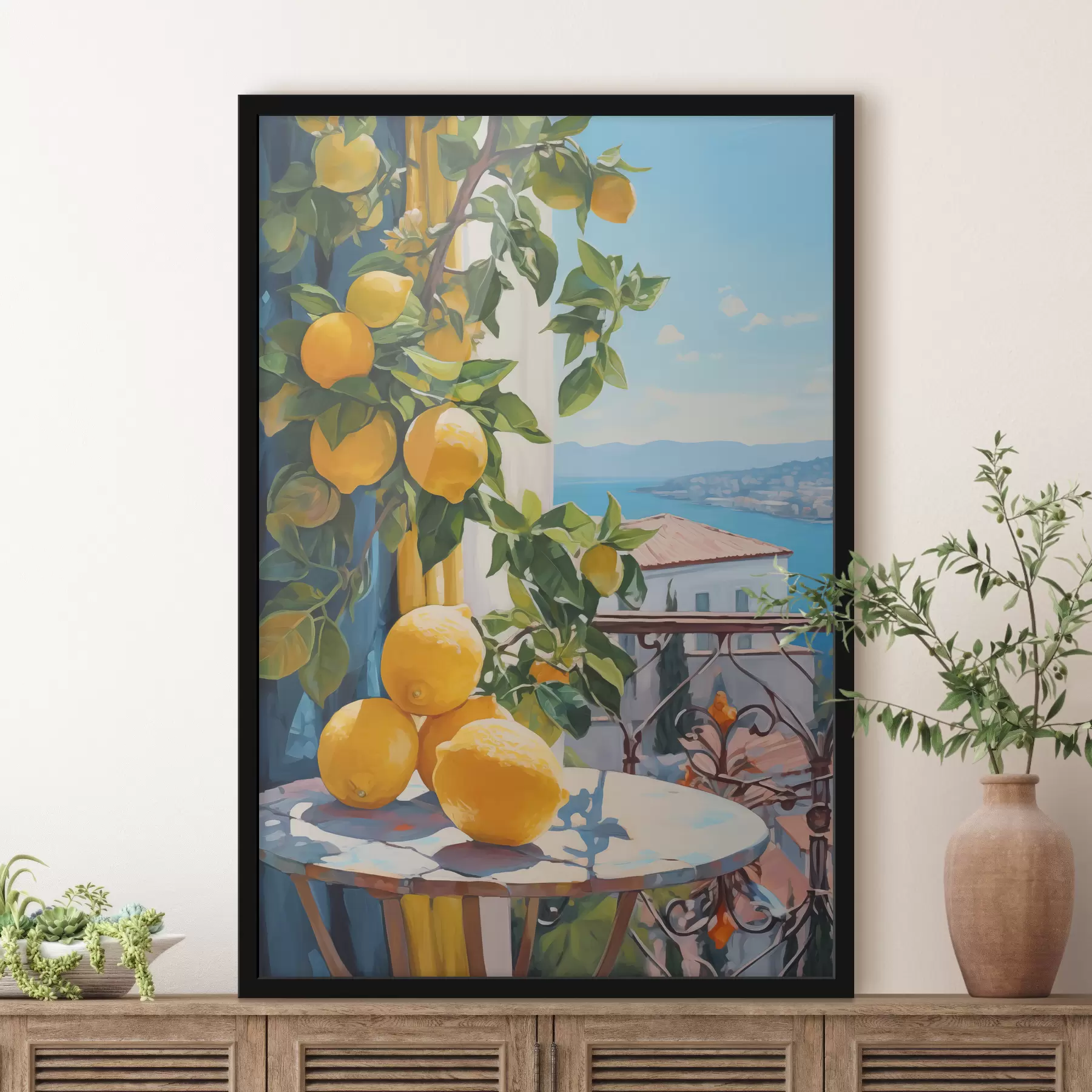  Peintures Citrons sur un arbre et une table sur un balcon d'hôtel avec vue sur la mer, imitation peinture à l'huile f40091