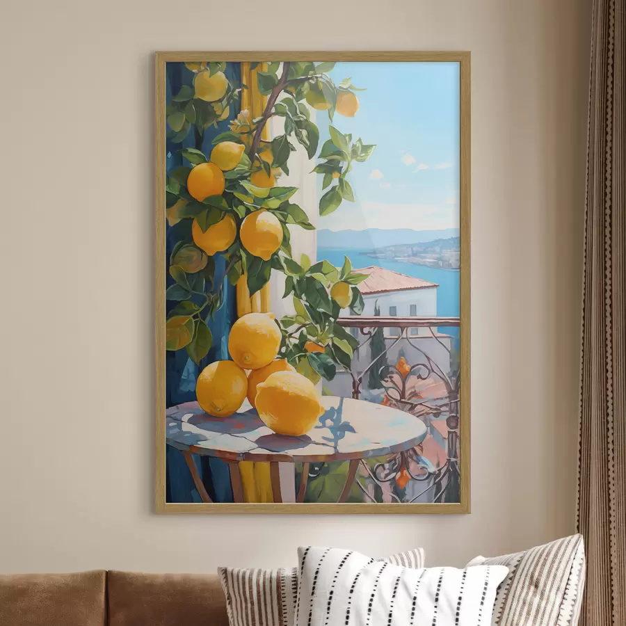 Papier peint photo Citrons sur un arbre et une table sur un balcon d'hôtel avec vue sur la mer, imitation peinture à l'huile f40091