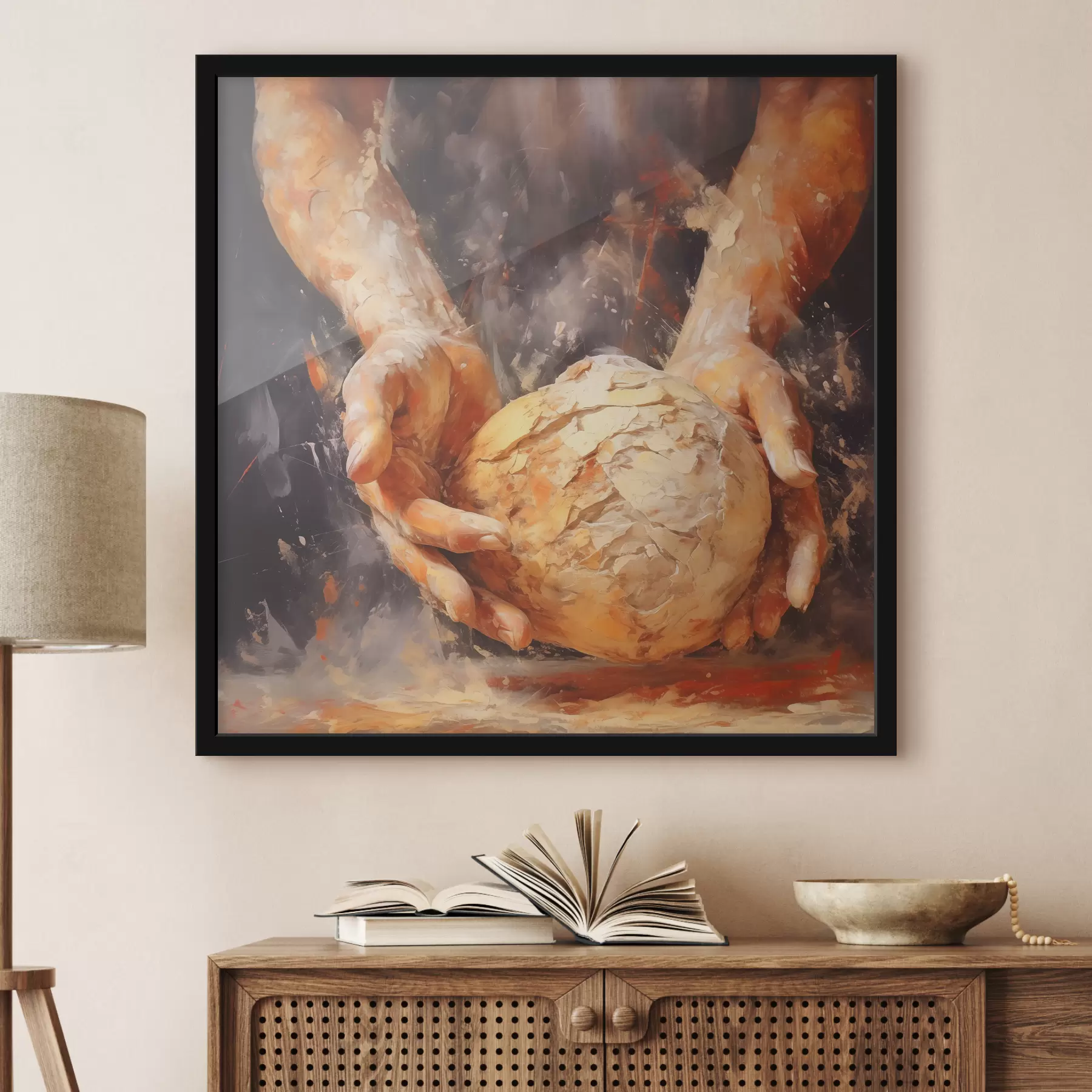 Fotobehang Handen van de bakker die het deeg vasthouden, imitatie van een olieverfschilderij f40095