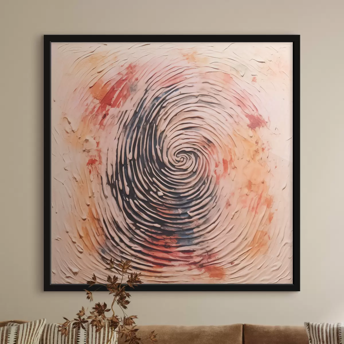 Poster Vingerafdruk in verf, beige, rood, oranje, geel, zwart f40105